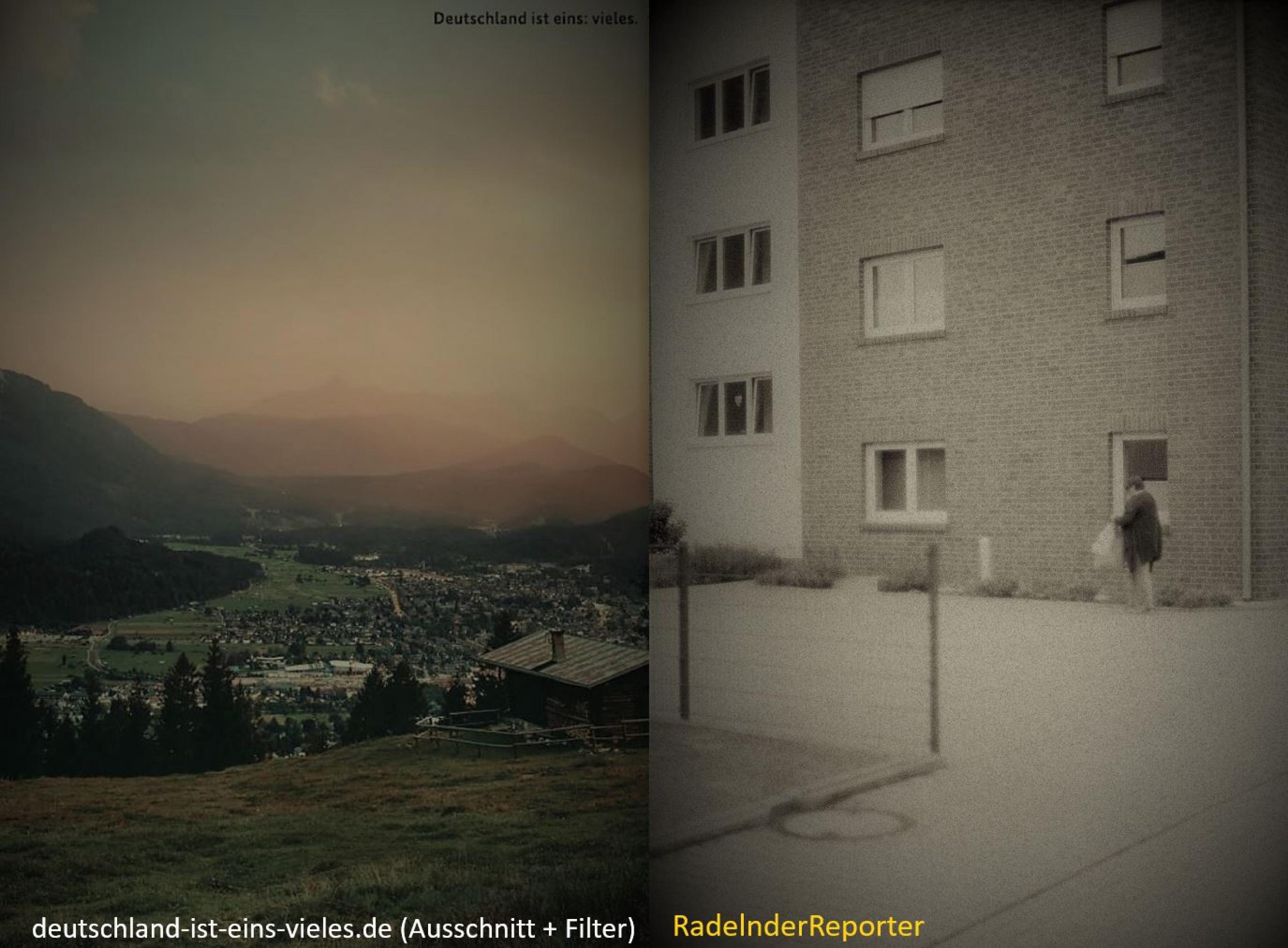 zweigeteiltes Bild: links das Bild der Regierungskampagne, rechts das des RadelndenReporters; beide Bilder zeigen deutsche Siedlungsgebiete.