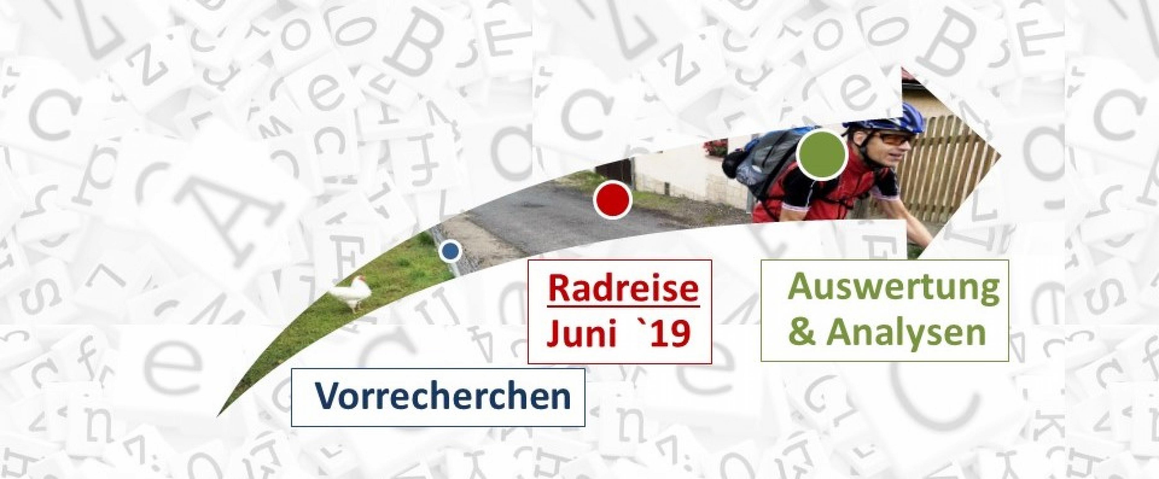 Ein mit einem Fahrradfoto hinterlegter Pfeil von links nach rechts markiert die drei Phasen „Vorrecherchen“, „Radreise Juni '19“ sowie „Auswertung & Analysen“.