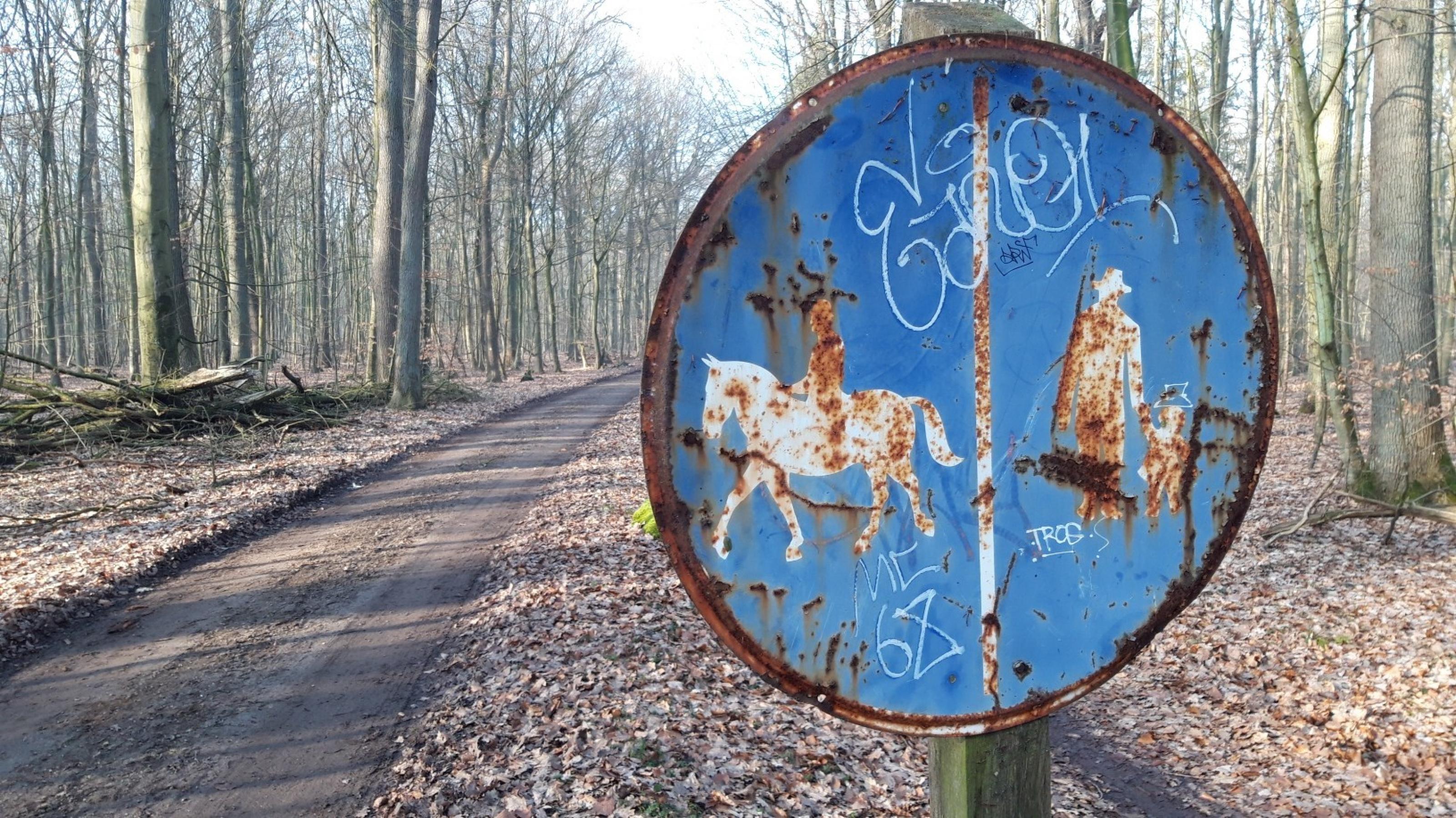 Gebotsschild Pferde links, Fußgänger rechts, mitten im Wald.