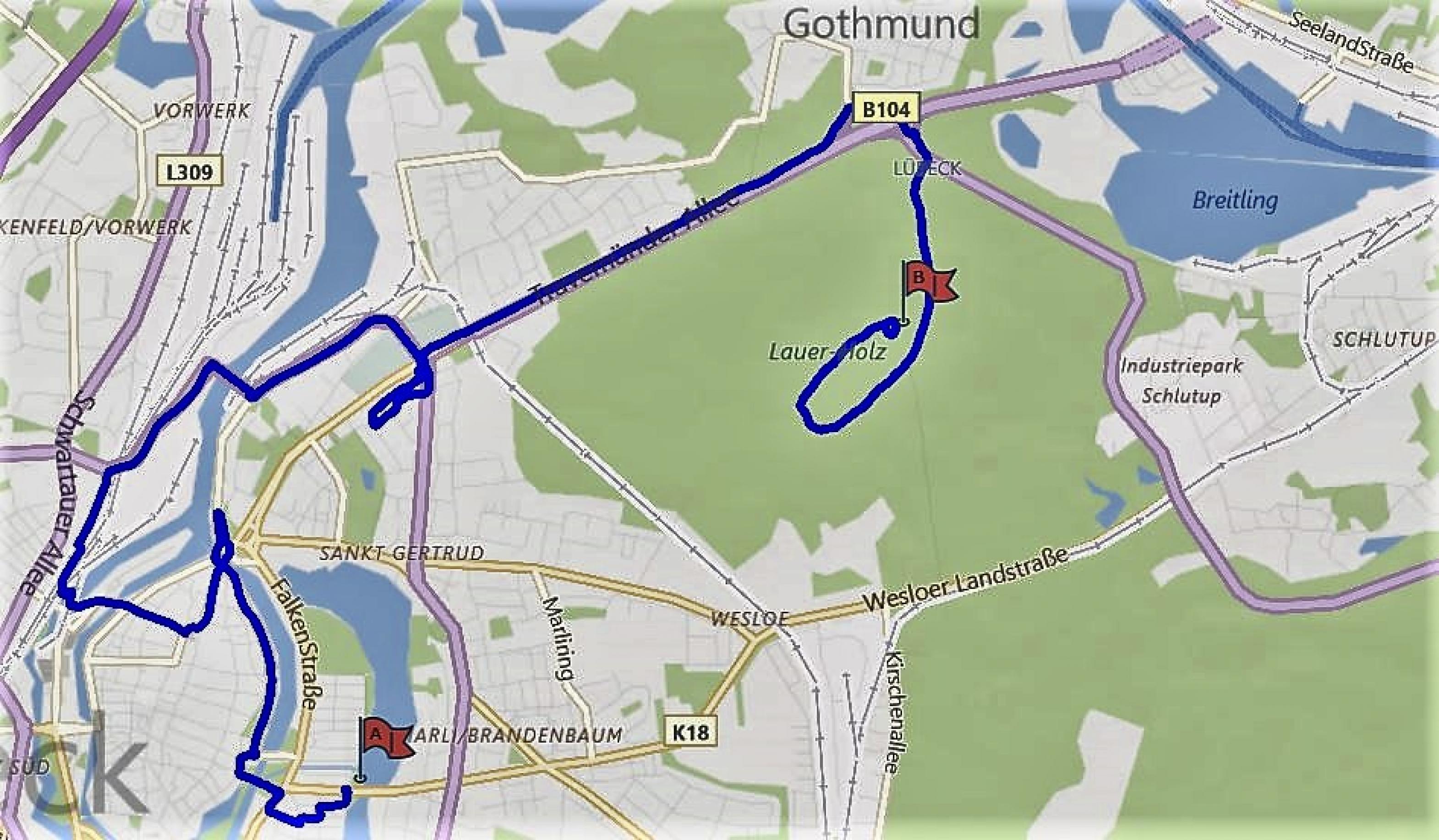 Track der GPS-Aufzeichnung (blau) einer Radroute in Lübeck nach dem Motto: Immer rechts halten – aber keine Straße „wiederholen“!