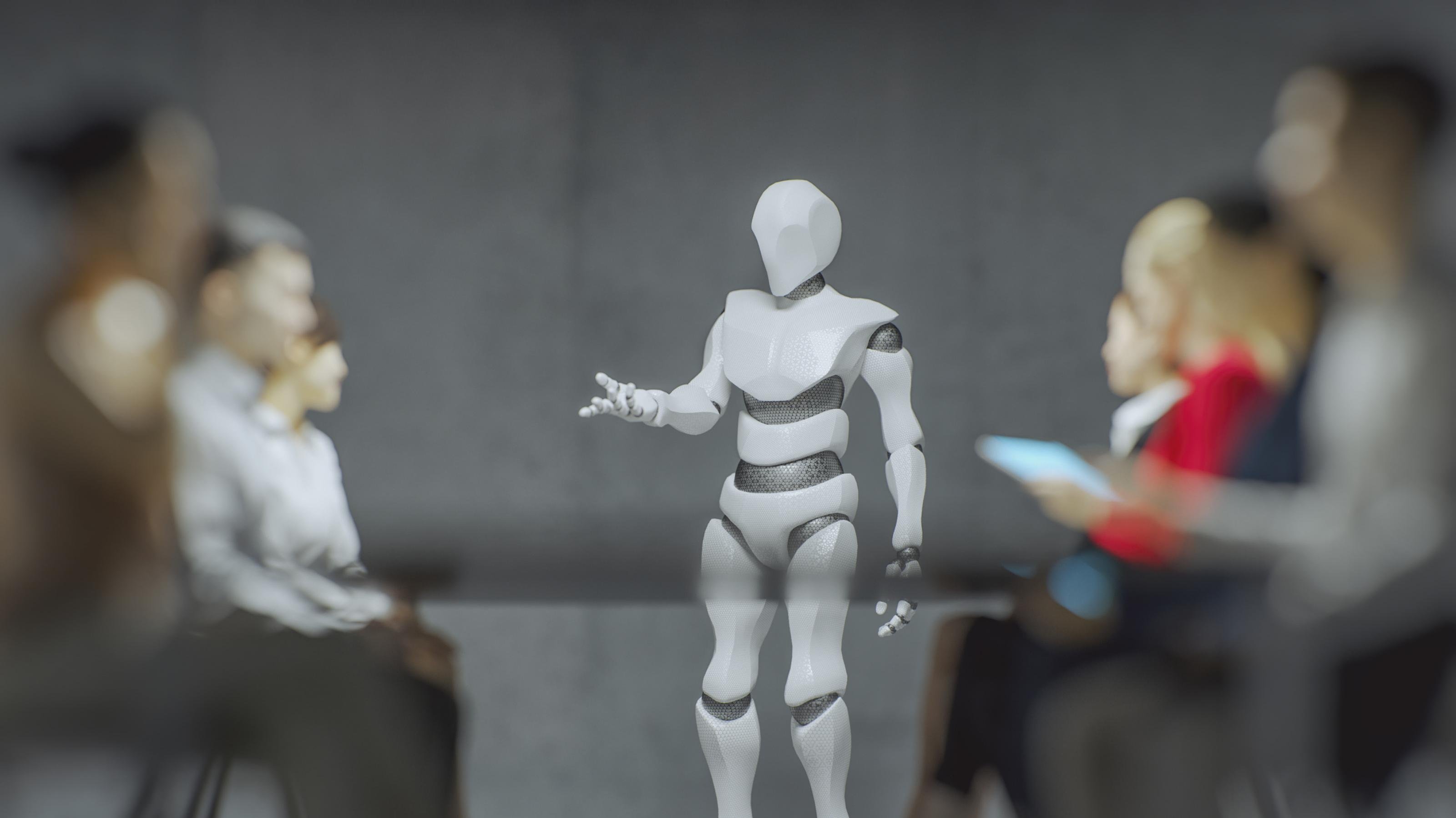 Ein humanoider Roboter unterrichtet Geschäftsleute (künstlerische Darstellung).