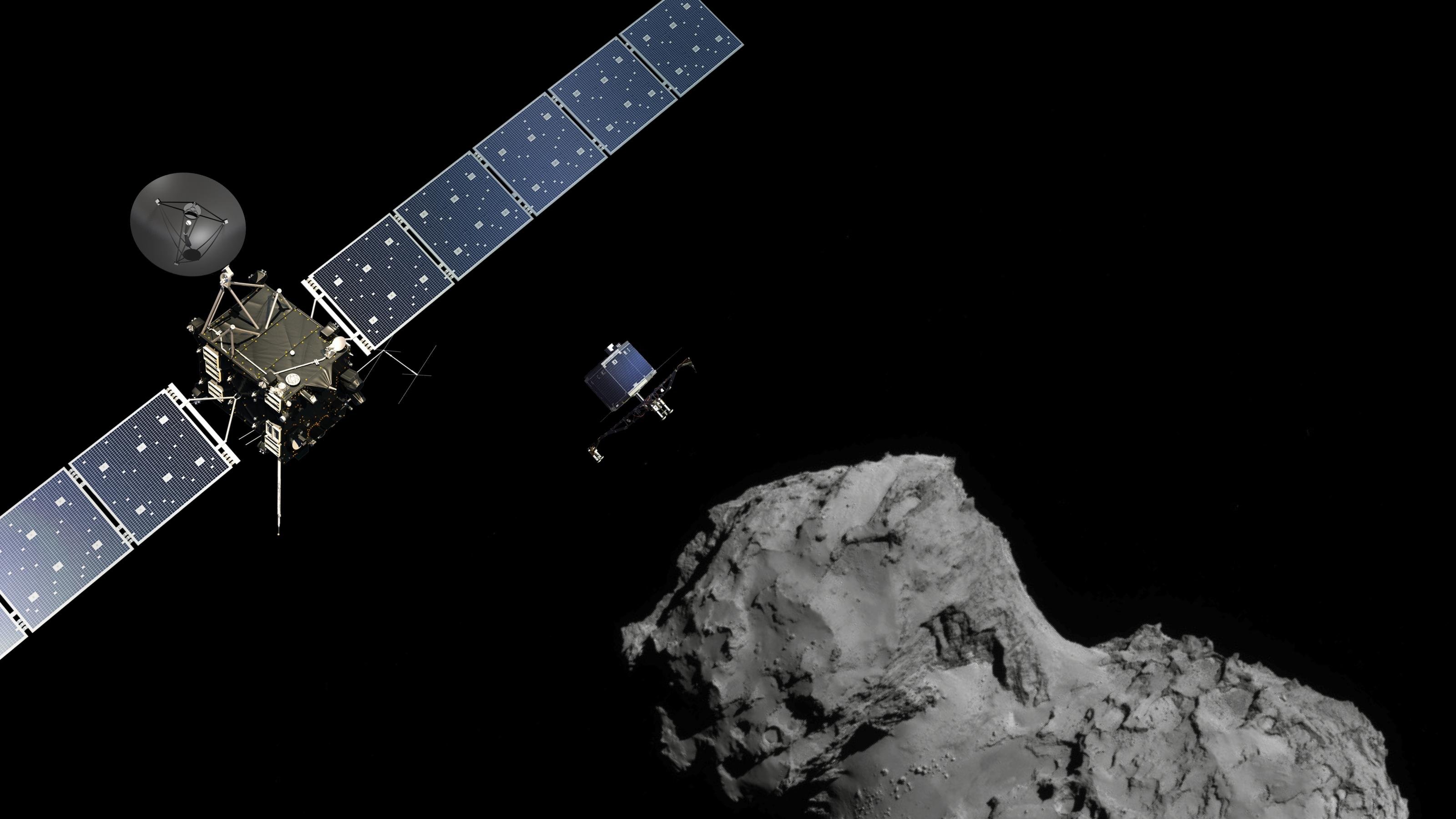 Die Sonde Rosetta nach der Entsendung des Landemoduls Philae zum Kometen Tschurjumow-Gerassimenko.