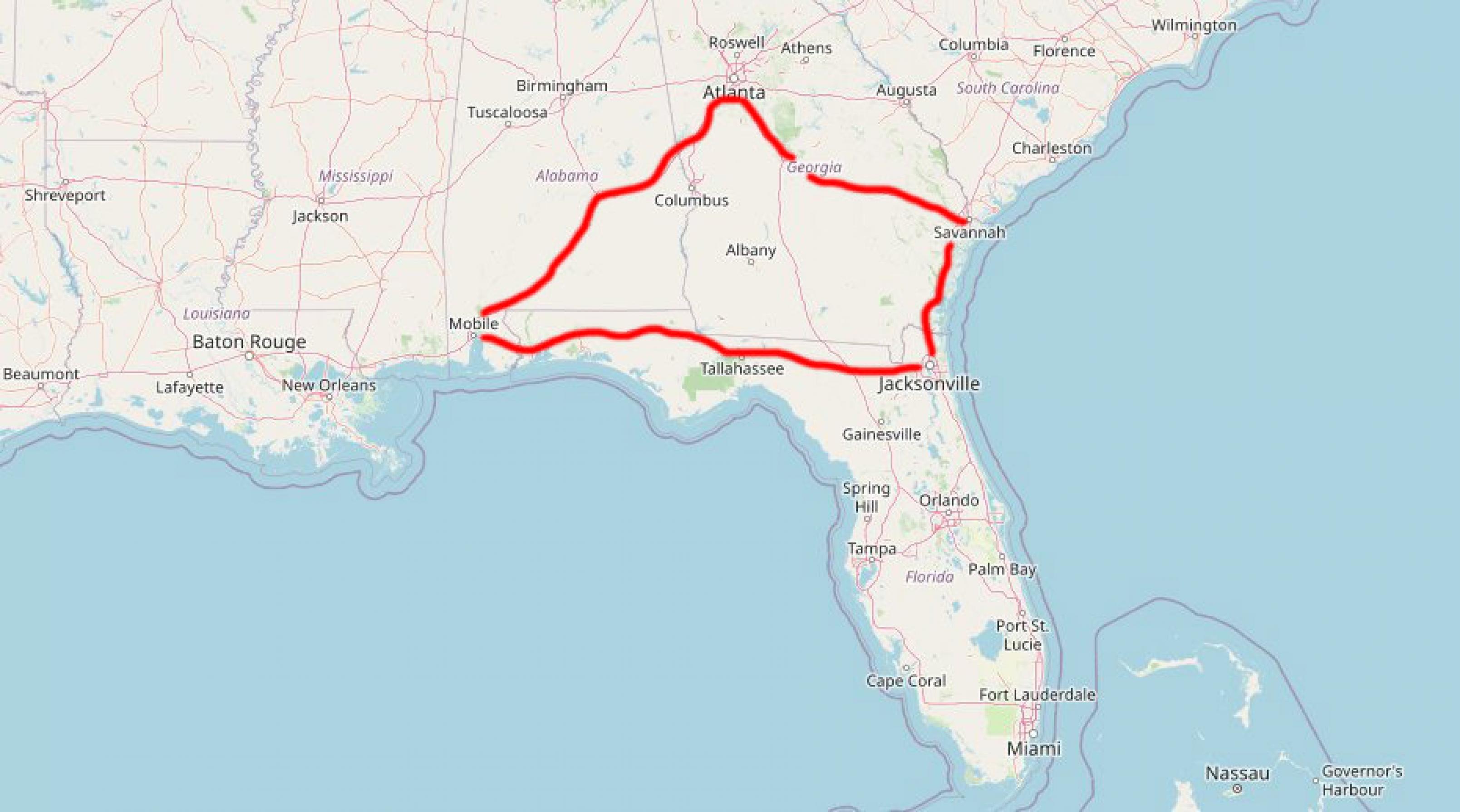 Landkarten-Ausschnitt. Die Karte zeigt den Süden der USA.