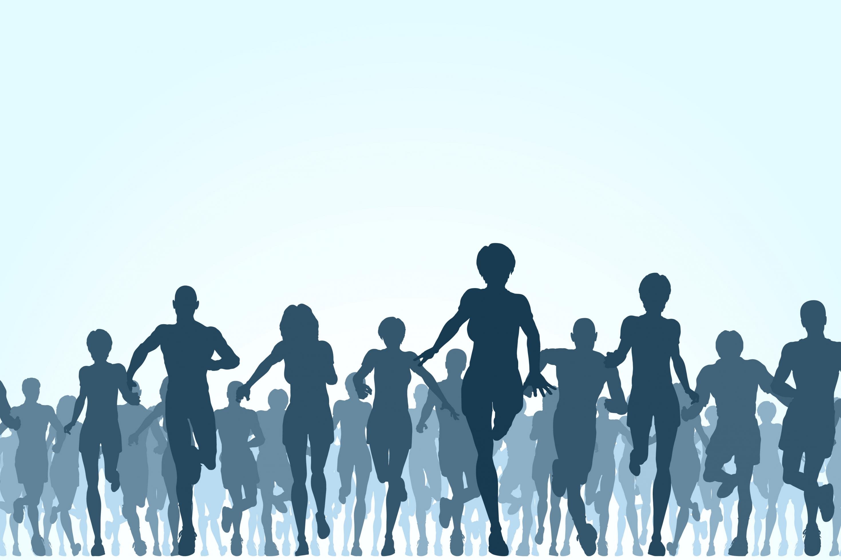 Die Illustration zeigt eine große Gruppe rennender Menschen.