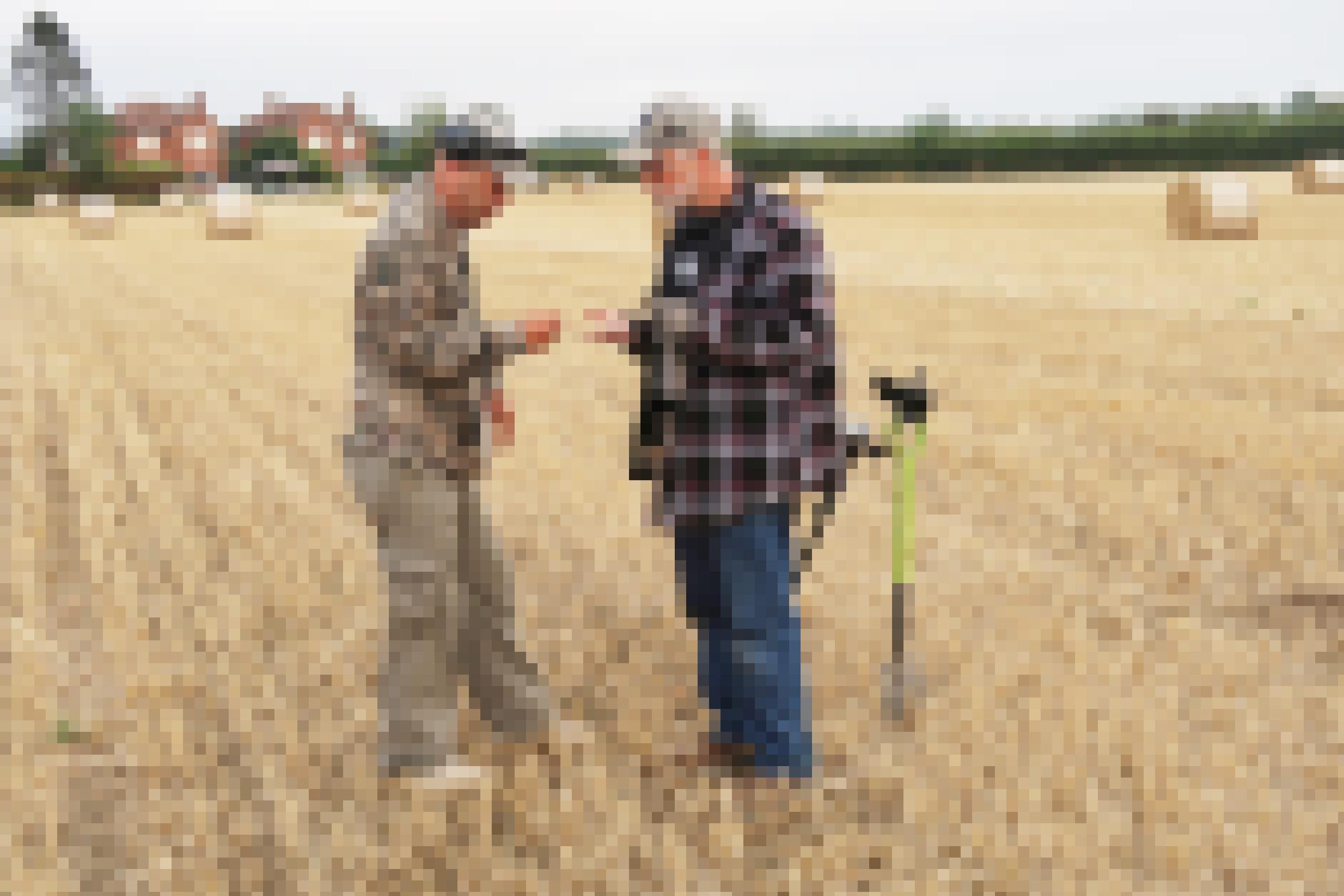 Zwei Männer stehen auf einem Feld und reden.