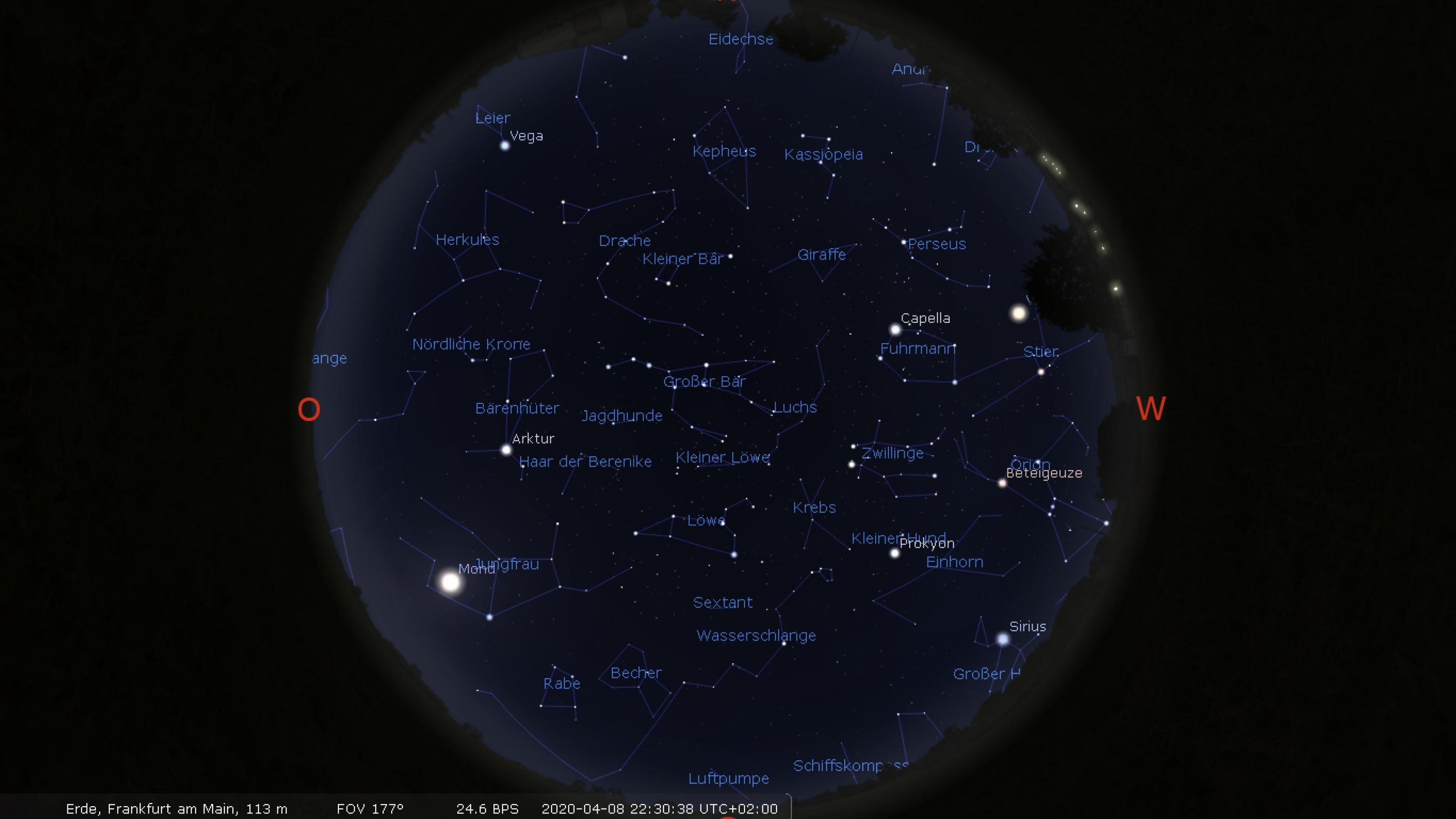 Eine mit einem Planetariumprogramm erstellte Karte des Sternenhimmels, wie er Anfang April 2020 über Frankfurt am Main aussähe.