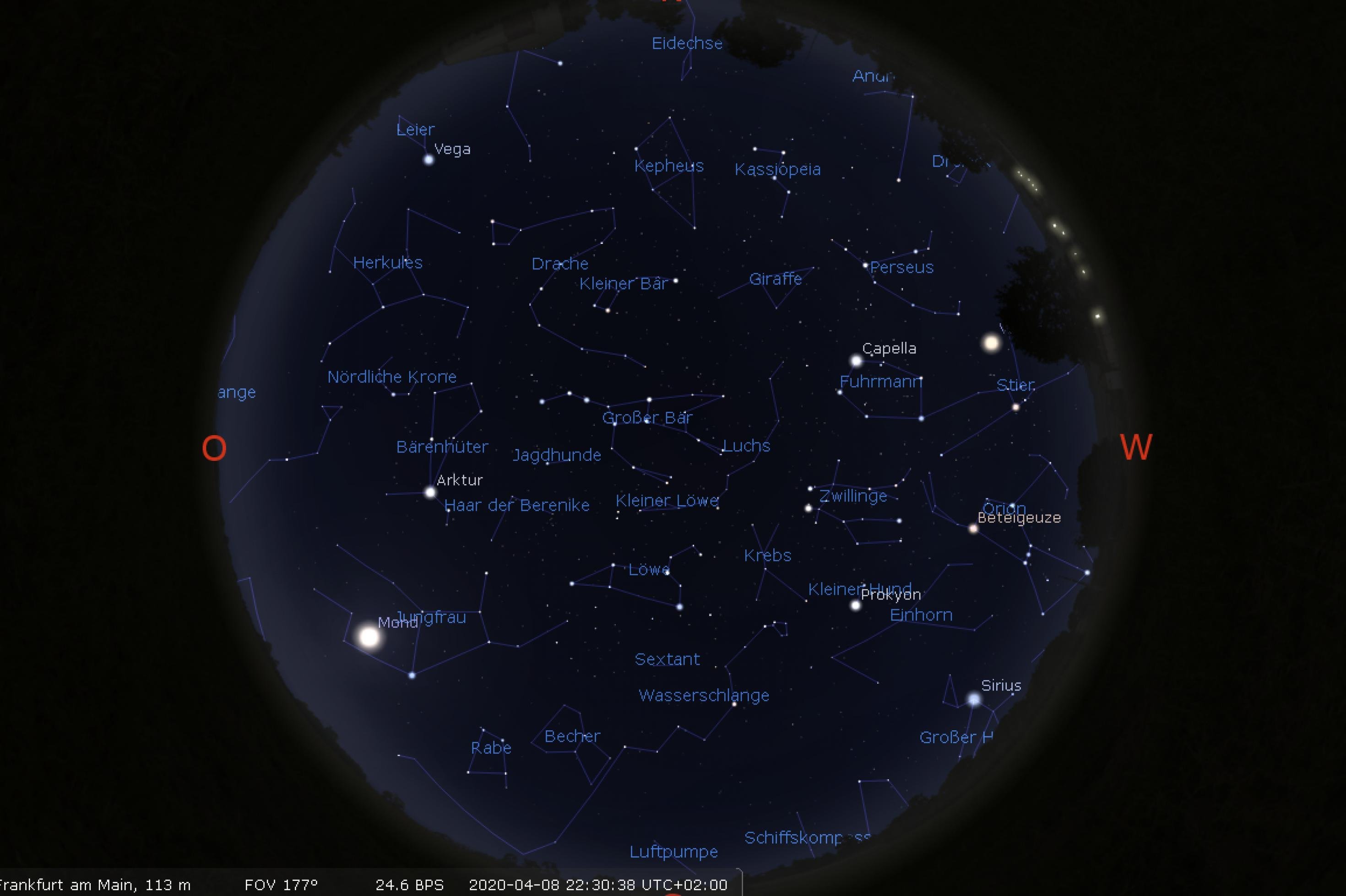Eine mit einem Planetariumprogramm erstellte Karte des Sternenhimmels, wie er Anfang April 2020 über Frankfurt am Main aussähe.