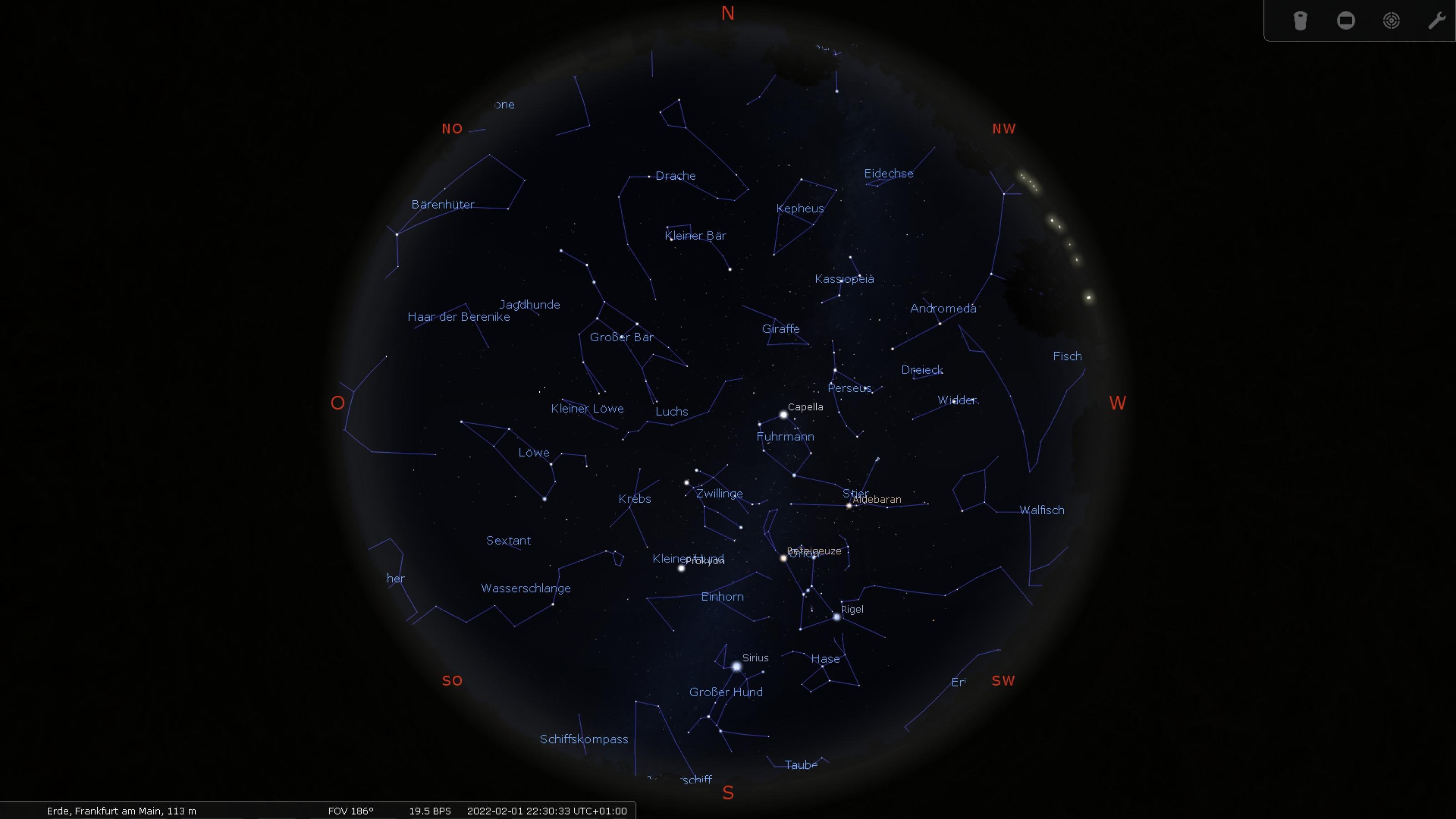 Position der Sterne und Planeten für den 1. Februar um 22:30 Uhr über Frankfurt am Main.