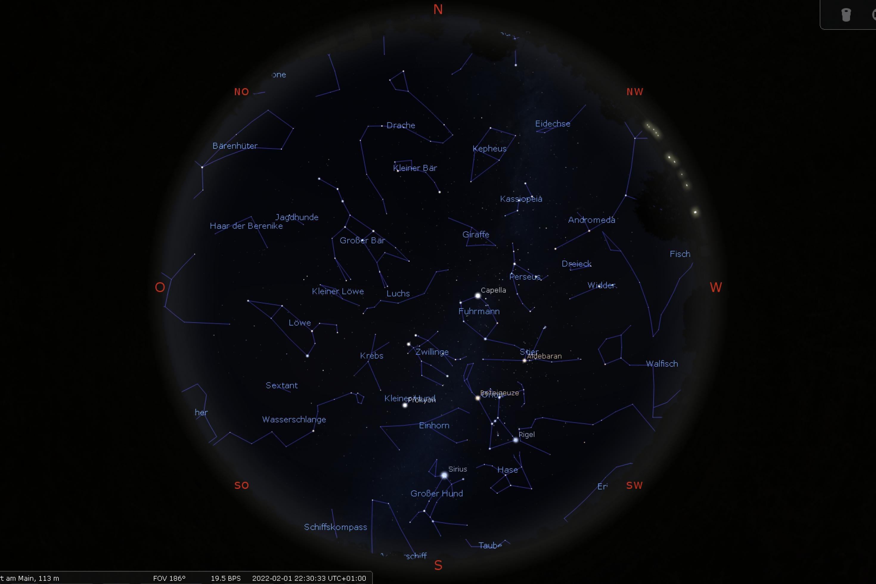 Position der Sterne und Planeten für den 1. Februar um 22:30 Uhr über Frankfurt am Main.