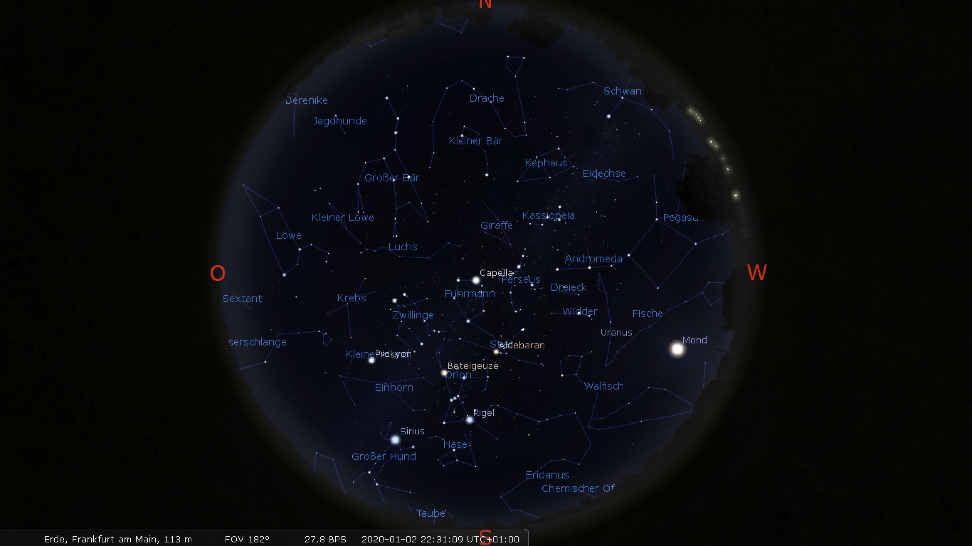 Der Sternenhimmel Anfang Januar 2020 gegen 22:30 Uhr MEZ über Frankfurt am Main.