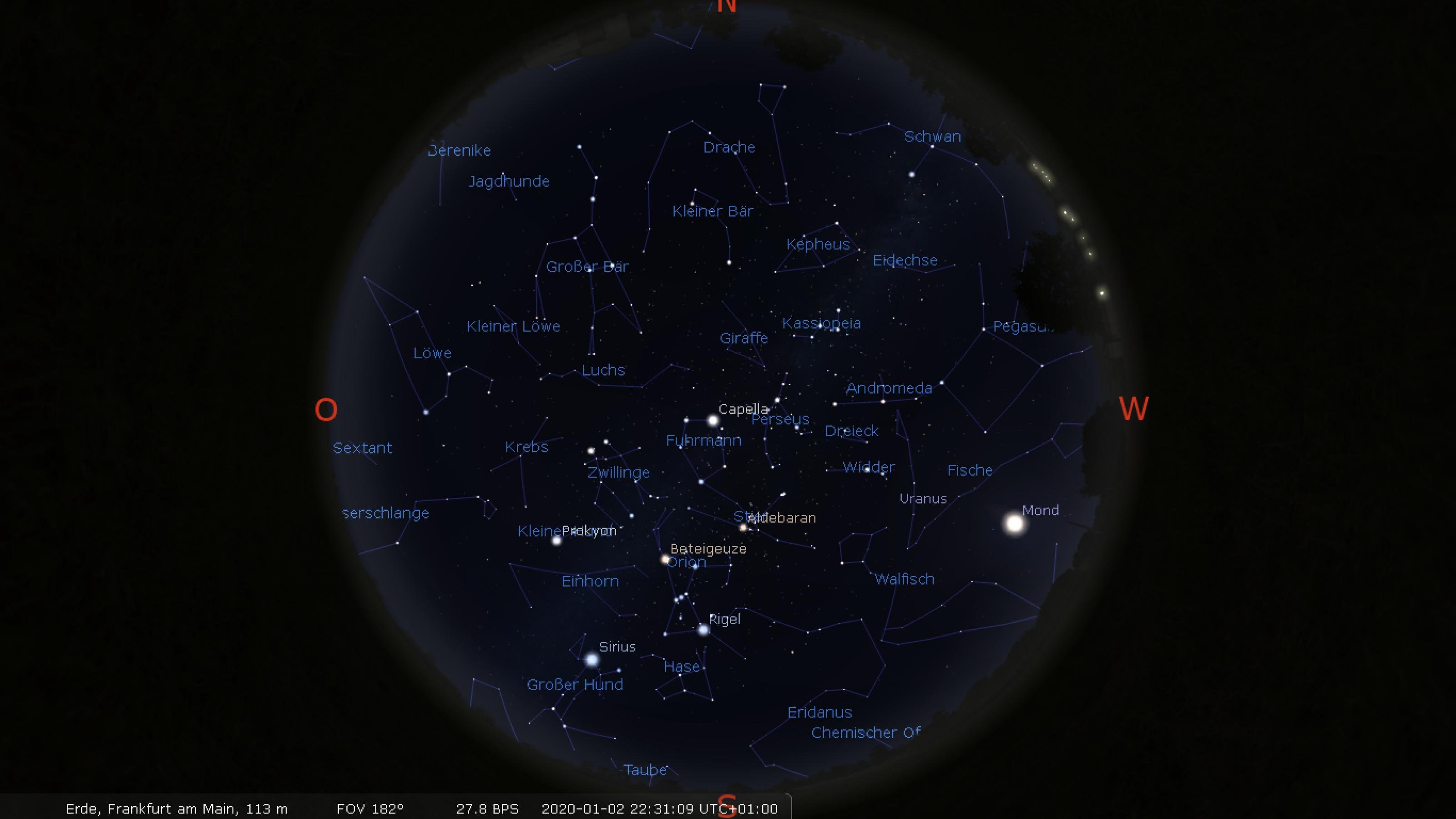 Der Sternenhimmel Anfang Januar 2020 gegen 22:30 Uhr MEZ über Frankfurt am Main.