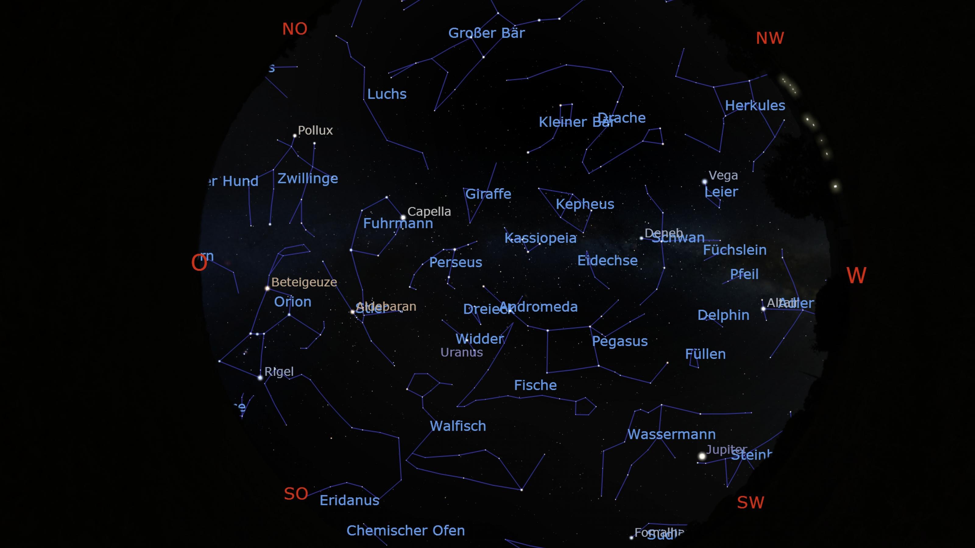 Himmelskarte mit der Position von Sternen und Planeten für Anfang November 2021 gegen 22:00 Uhr (MEZ) für den Standort Frankfurt am Main.