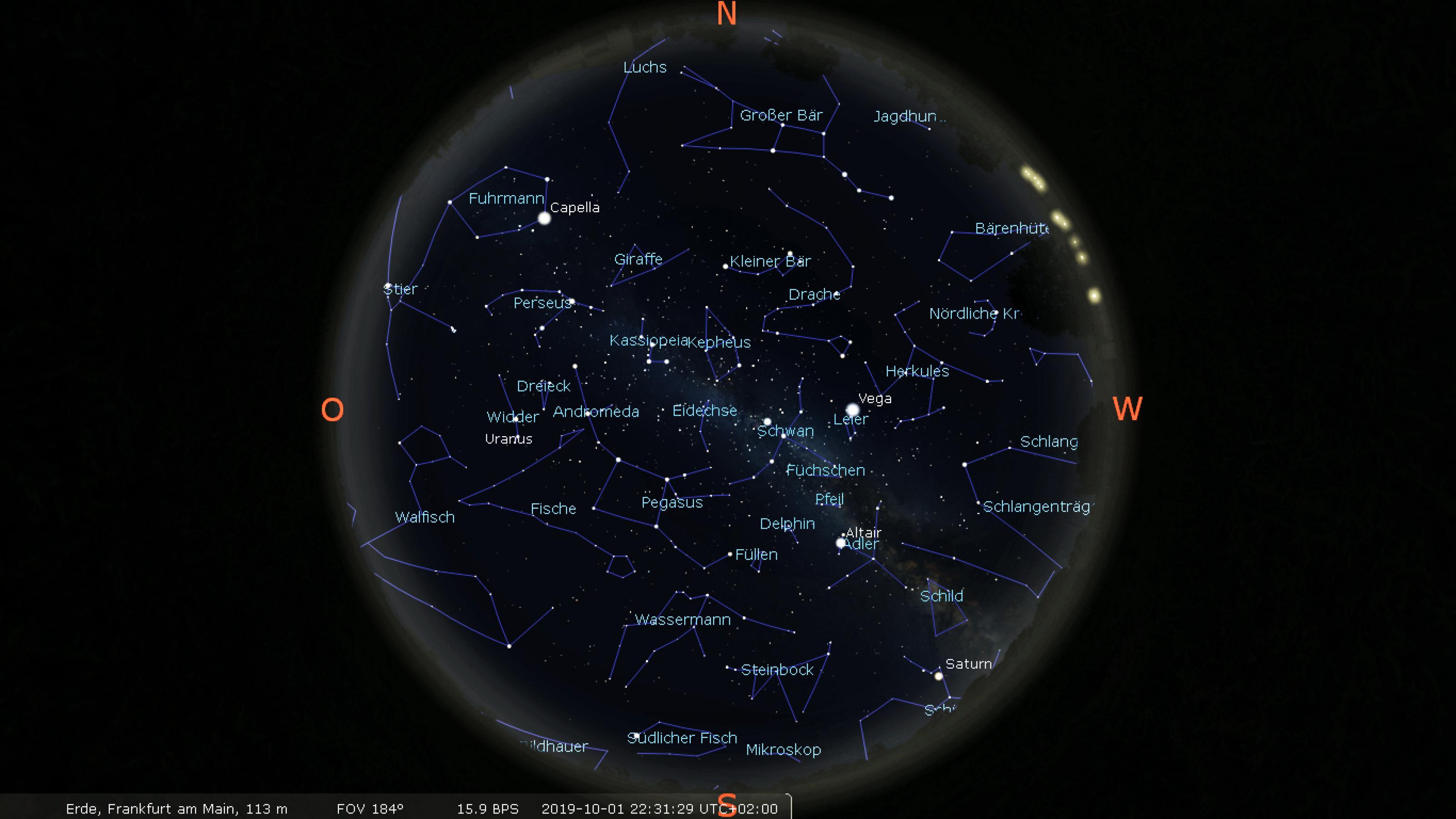 Der Sternenhimmel Anfang Oktober über Franfurt am Main gegen 22:30 Uhr MESZ, erstellt mit Stellarium.