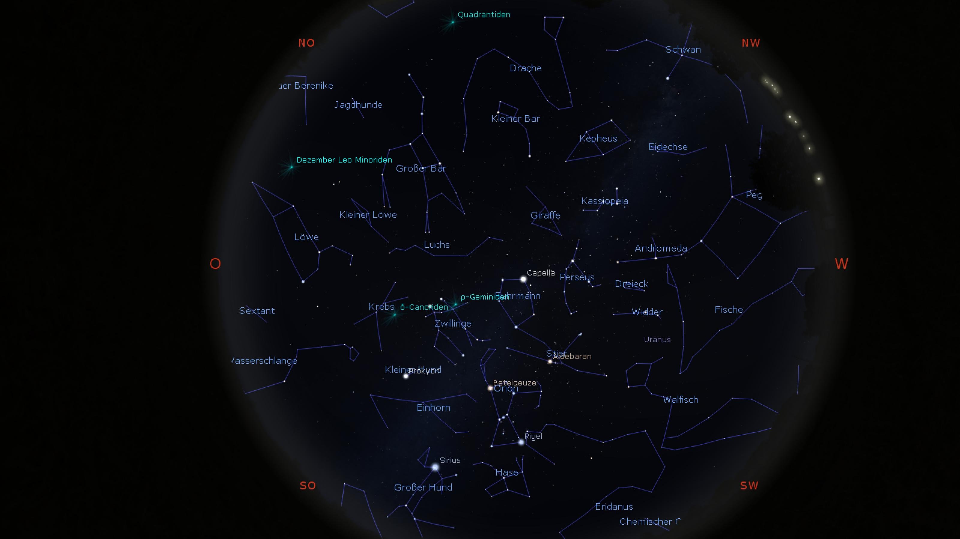 Die Karte zeigt die Himmelspositionen der Sterne für Anfang Januar 2022 gegen 22:30 Uhr für den Standort Frankfurt am Main.