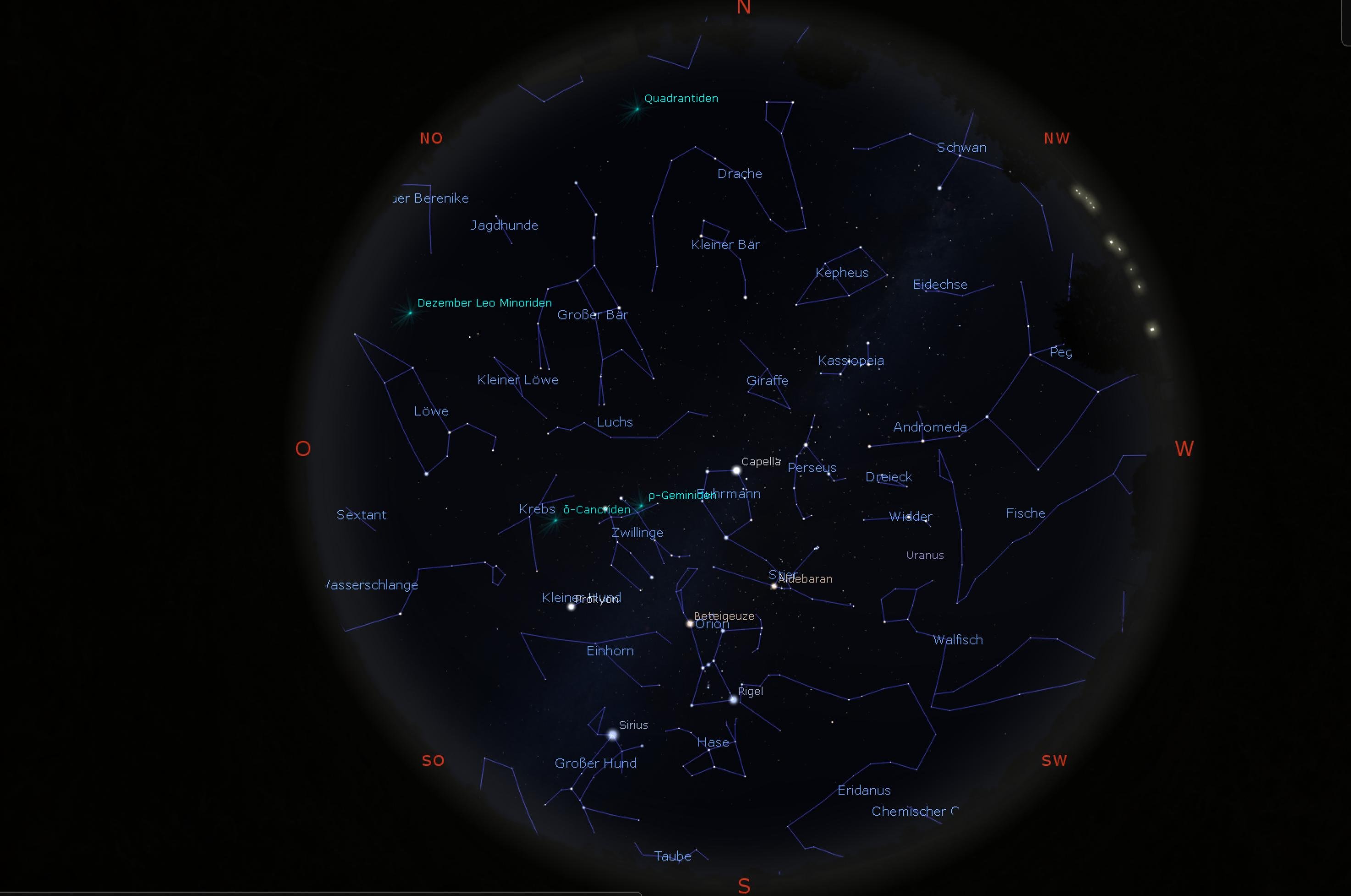 Die Karte zeigt die Himmelspositionen der Sterne für Anfang Januar 2022 gegen 22:30 Uhr für den Standort Frankfurt am Main.