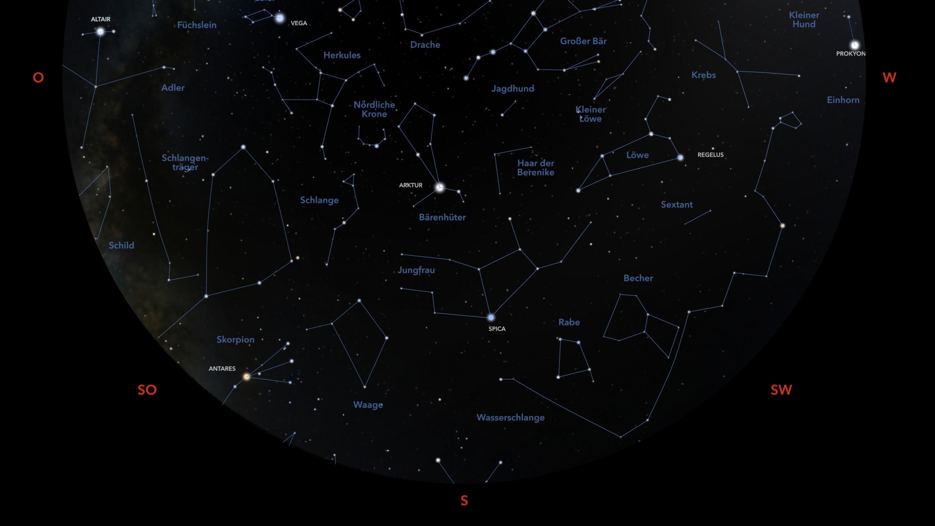 Südlicher Ausschnitt des Sternenhimmels Anfang Juni 2022 gegen 22:30 Uhr MESZ, 
