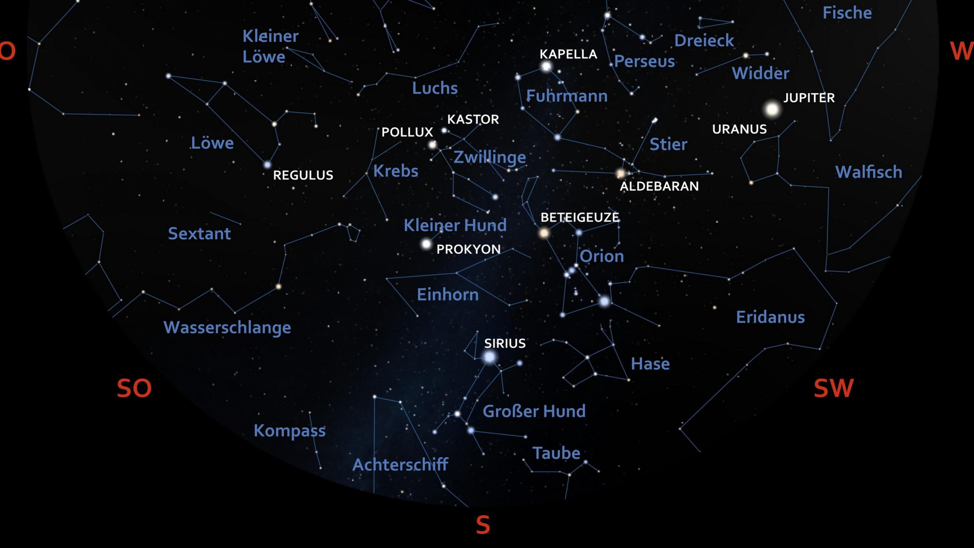 Die Himmelskarte zeigt die Positionen von Sternen und Planeten für Anfang Februar 2024 gegen 22:30 Uhr MEZ über Frankfurt am Main mit Blick Richtung Süden.