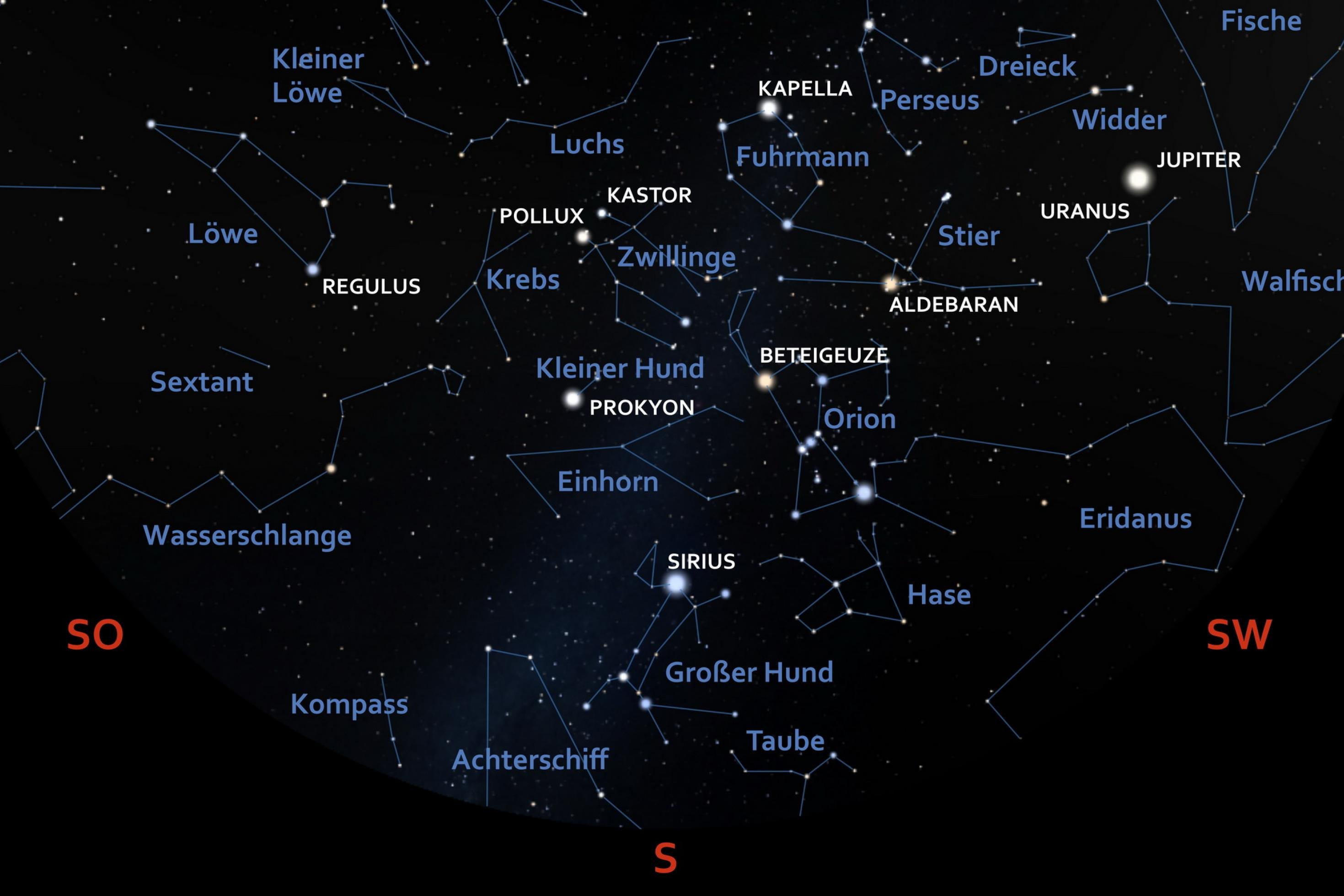 Die Himmelskarte zeigt die Positionen von Sternen und Planeten für Anfang Februar 2024 gegen 22:30 Uhr MEZ über Frankfurt am Main mit Blick Richtung Süden.