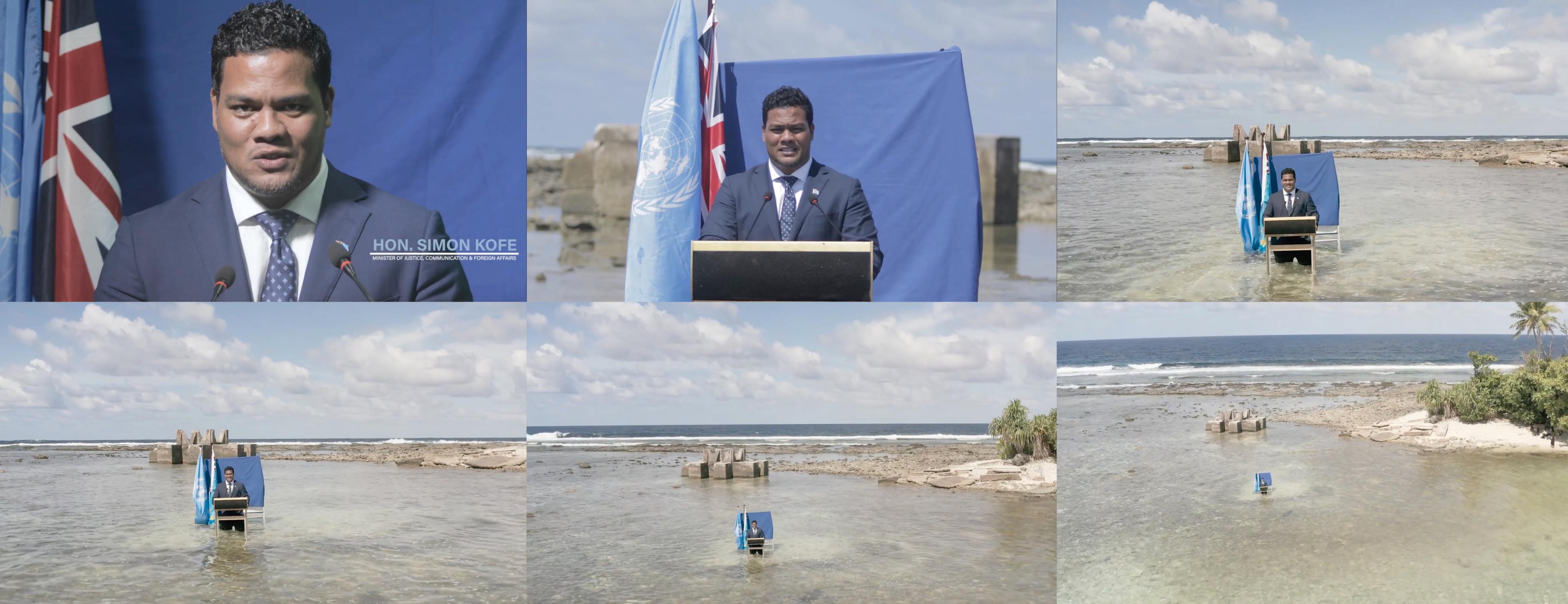 Sequenz aus sechs Bildern eines Videos. Der Politiker steht an einem Rednerpult vor einem dunkelblauen Vorhang und zwei Flaggen. Zuerst sieht man nur seinen Oberkörper, dann zoomt die Kamera weg. Eine Drohne zeigt den Politiker aus einigen Metern Höhe. Das Wasser einer Lagune umspült seine Beine. Im Hintergrund ist eine Gebäuderuine zu sehen.