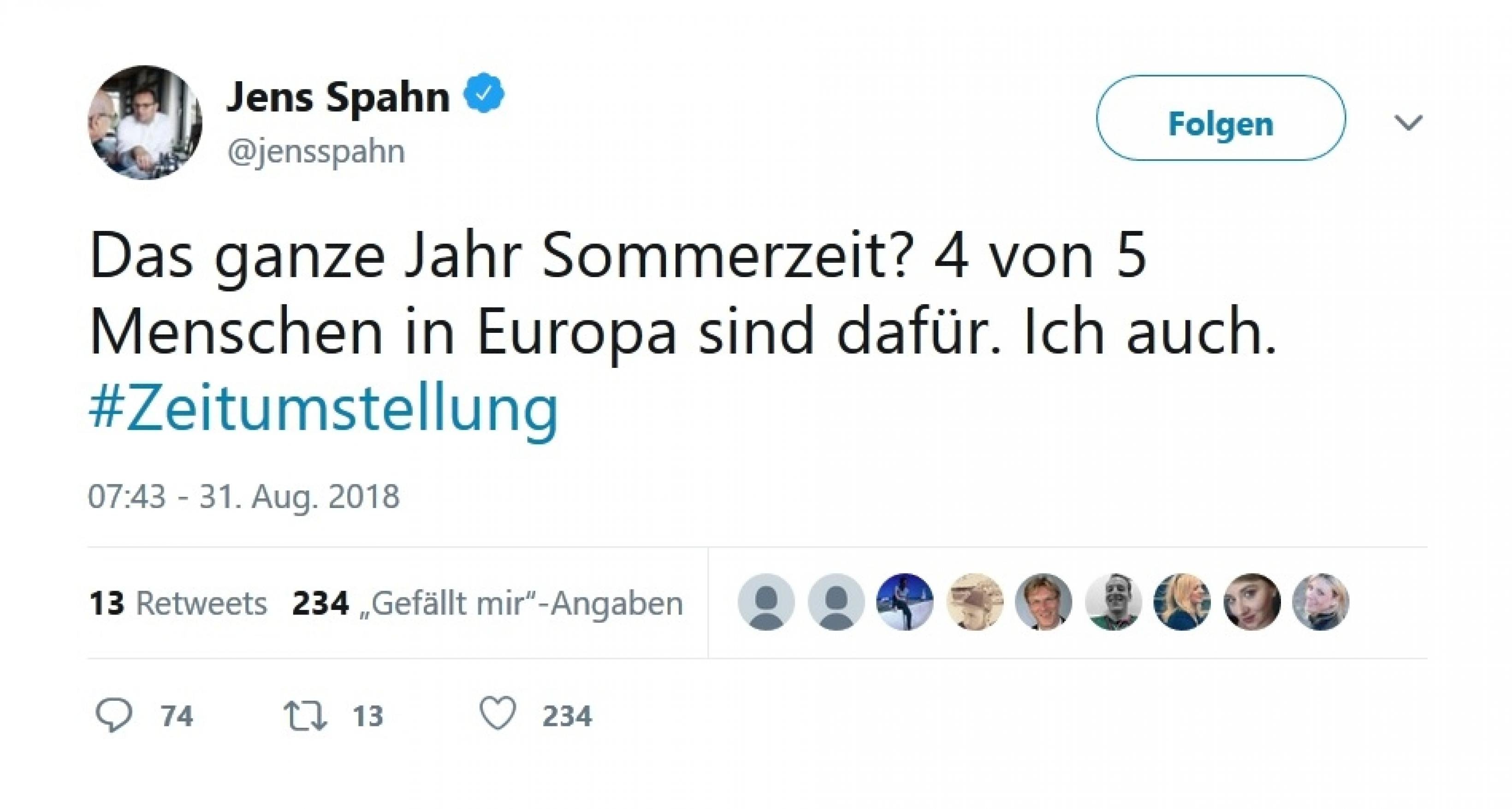 Tweet von Jens Spahn: Das ganze Jahr Sommerzeit? 4 von 5 Menschen in Europa sind dafür. ich auch!