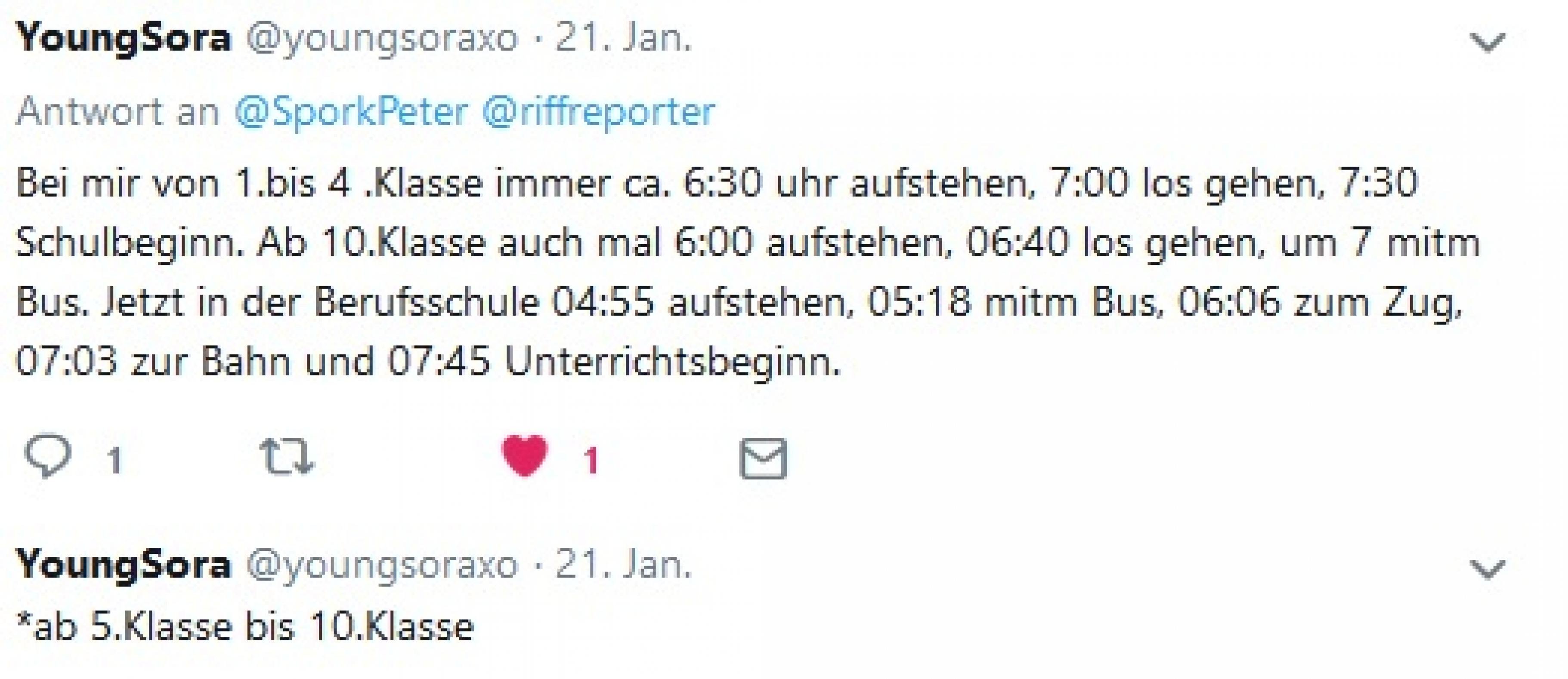 bei mir von 1. bis 4. Klasse immer 6:430 h aufstehen, ab 10. Klasse 6 Uhr