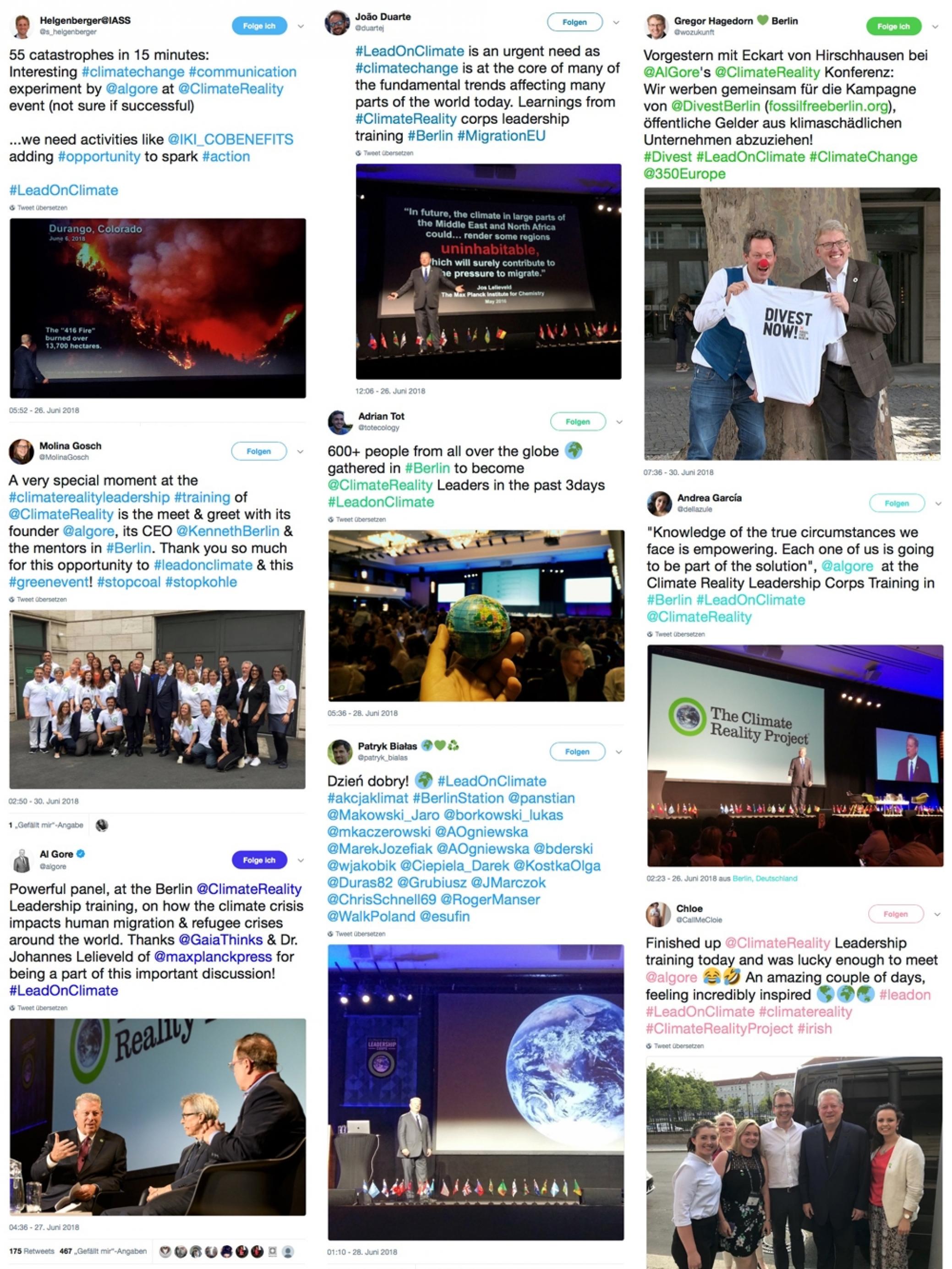 Neun Tweets sind in drei Spalten zusammenkopiert. Die Fotos zeigen immer wieder Al Gore sowie Eckhart von Hirschhausen. –
Eine Auswahl der Tweets, die Teilnehmer in Berlin während des Trainings verschickt haben.