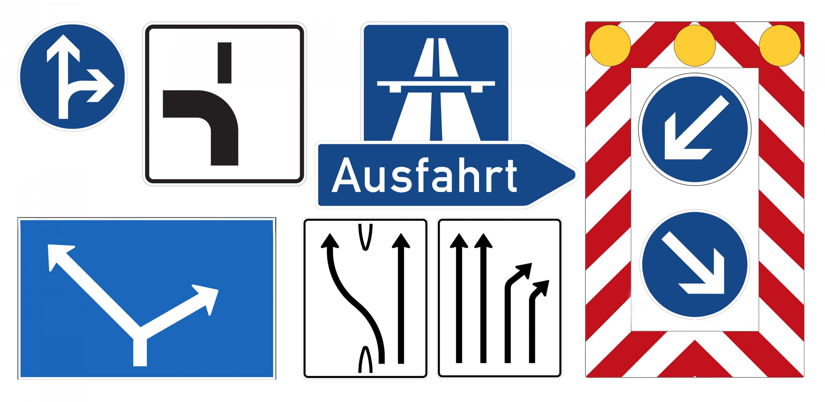 Eine Collage von Verkehrszeichen: Vorgeschriebene Fahrtrichtung geradeaus oder rechts, abknickende Vorfahrt nach links, Autobahn mit Ausfahrt, Anzeiger für abzweigenden Spuren, eine Warnbake für Bauarbeiten im fließenden Verkehr- – Abbiegen gehört zum Alltag – im Verkehr regeln Zeichen, wo es entlang gehen kann.