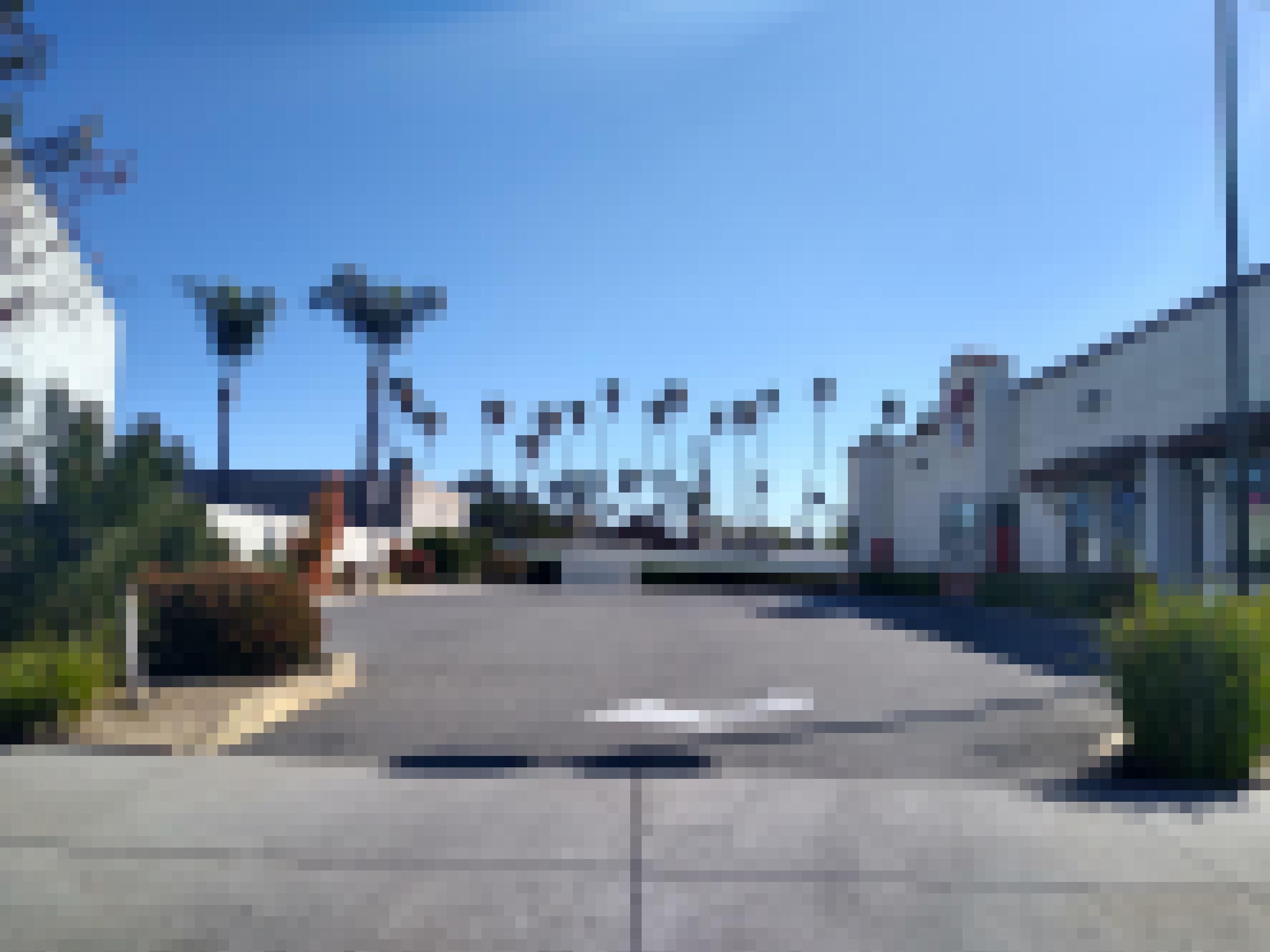 Ein leerer Parkplatz vor Palmen und blauem Himmel.