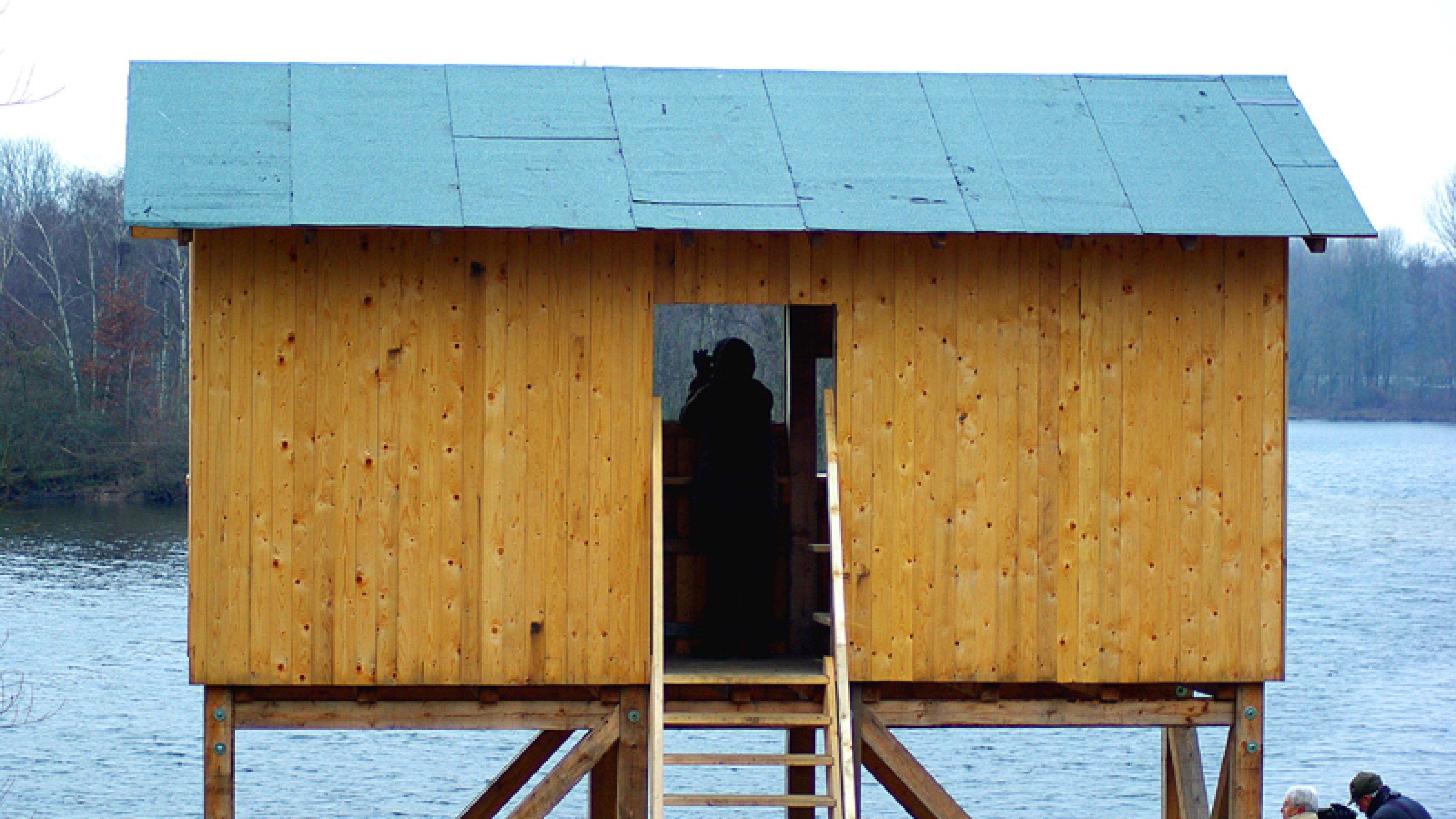 Am Ufer des Barmener Sees, eines Baggersees bei Düren, steht eine geräumige Beobachtungshütte, zu der eine kleine Leiter hinauf führt. Von dort aus kann man Enten, Gänse, Teichhühner und auch Eisvögel beobachten.