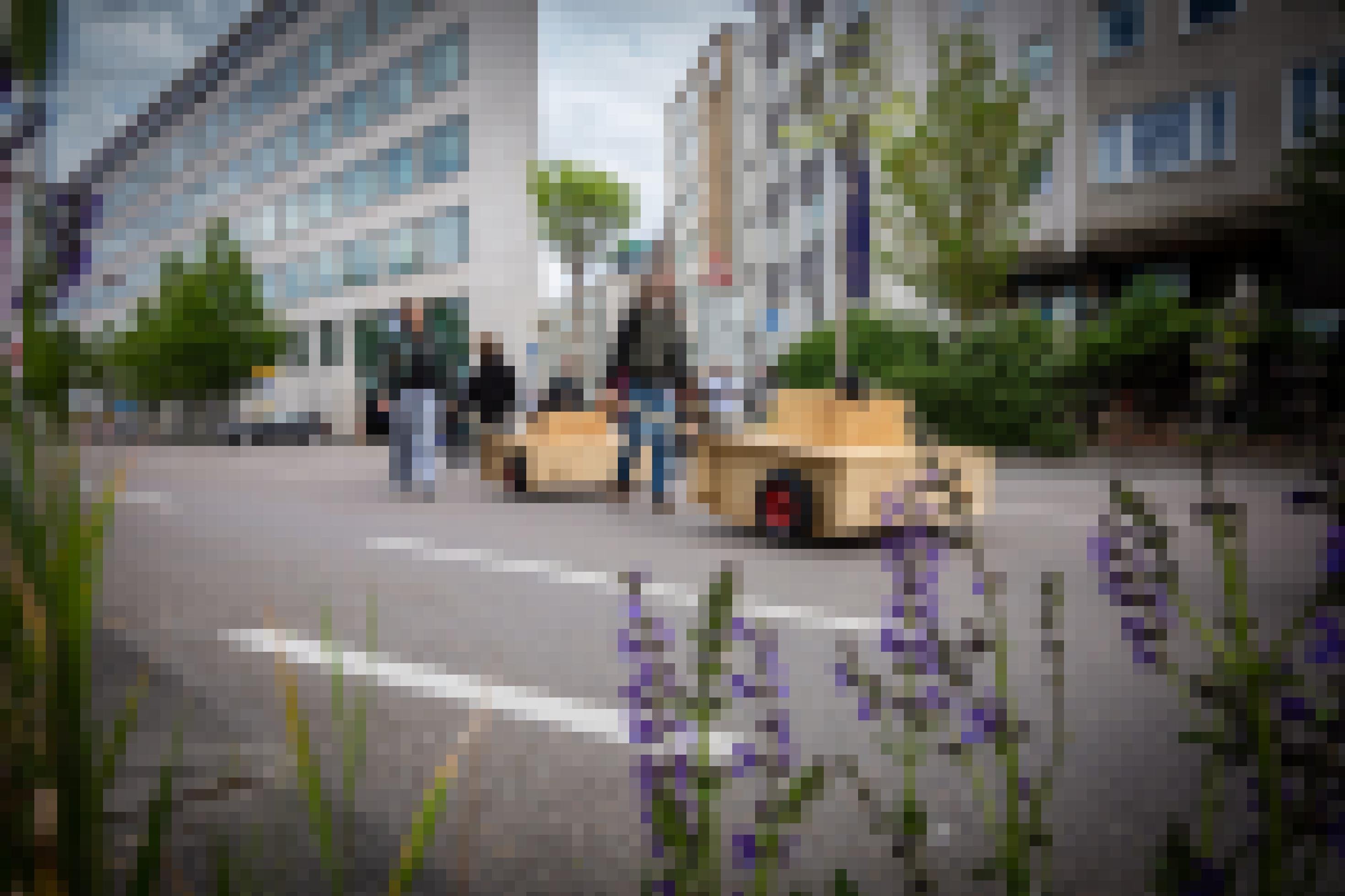 Zwei Frauen schieben jeweils einen Holzkarren mit einem jungen Baum in der Mitte auf einer Straße.