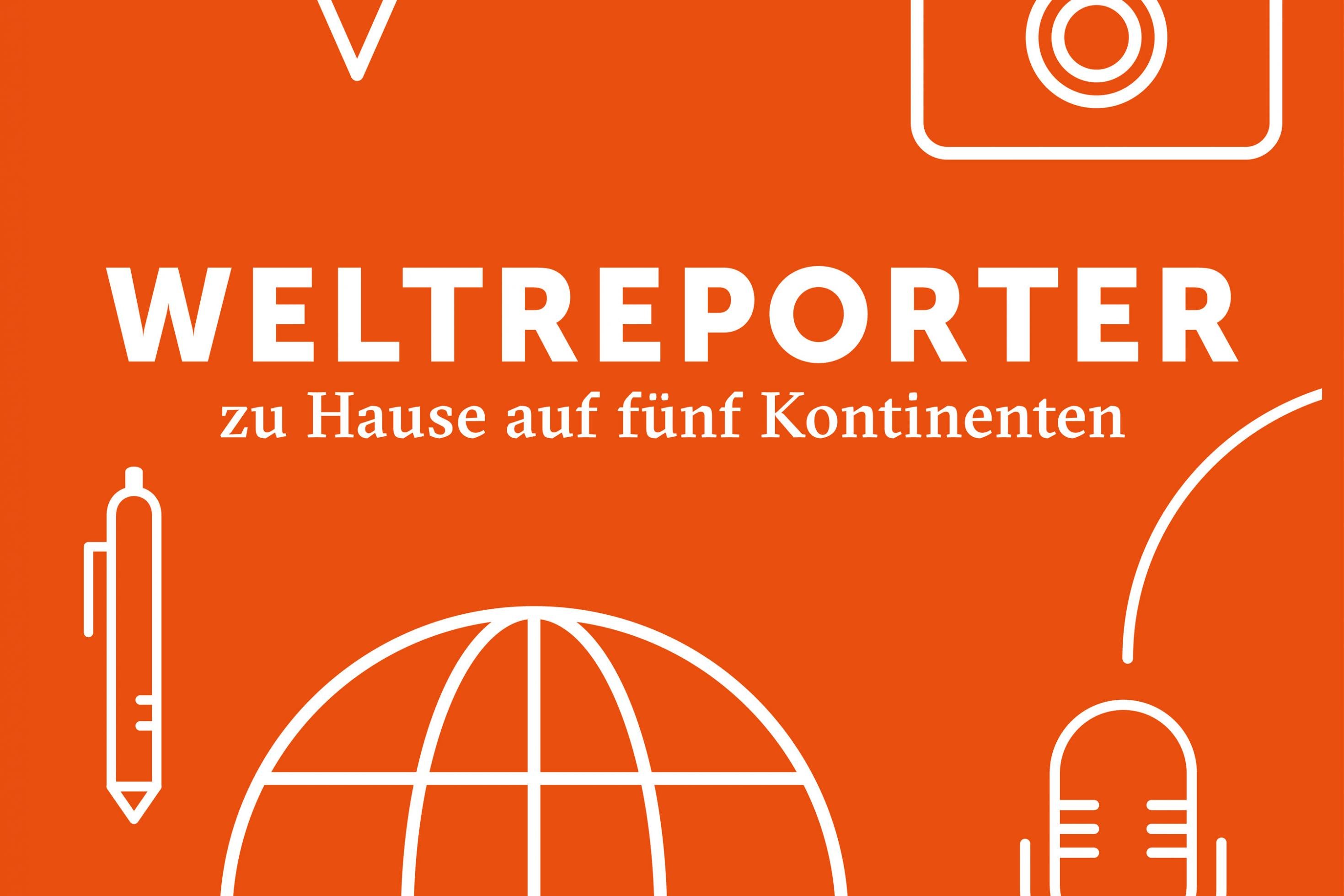 Weltreporter – zu Hause auf fünf Kontinenten
Illustration mit Logo, Weltkugel, Kamera, Mikrofon und Stift