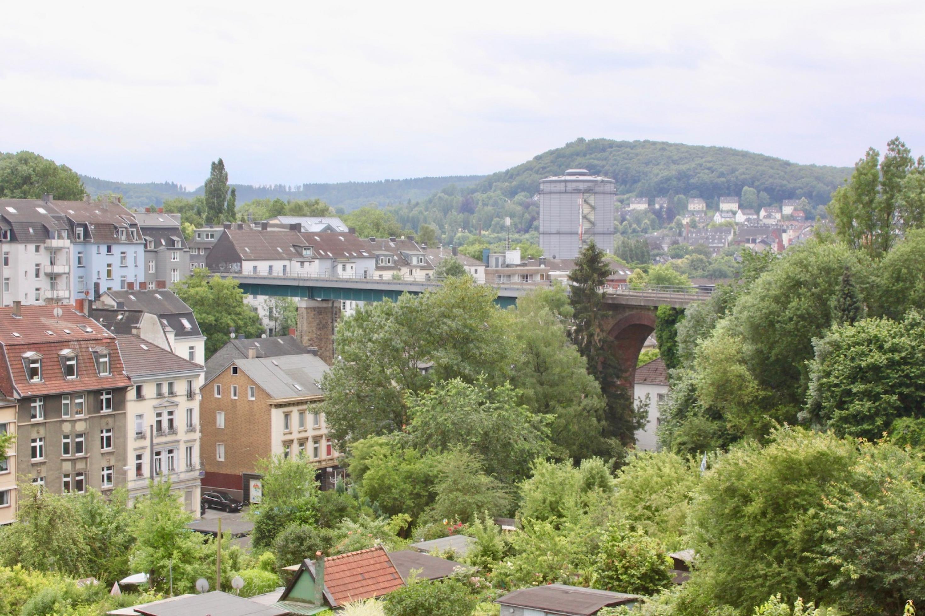 Blick auf Wuppertal von einem hohen Punkt: Neben Häusern sind vor allem grüne Bäume zu sehen.