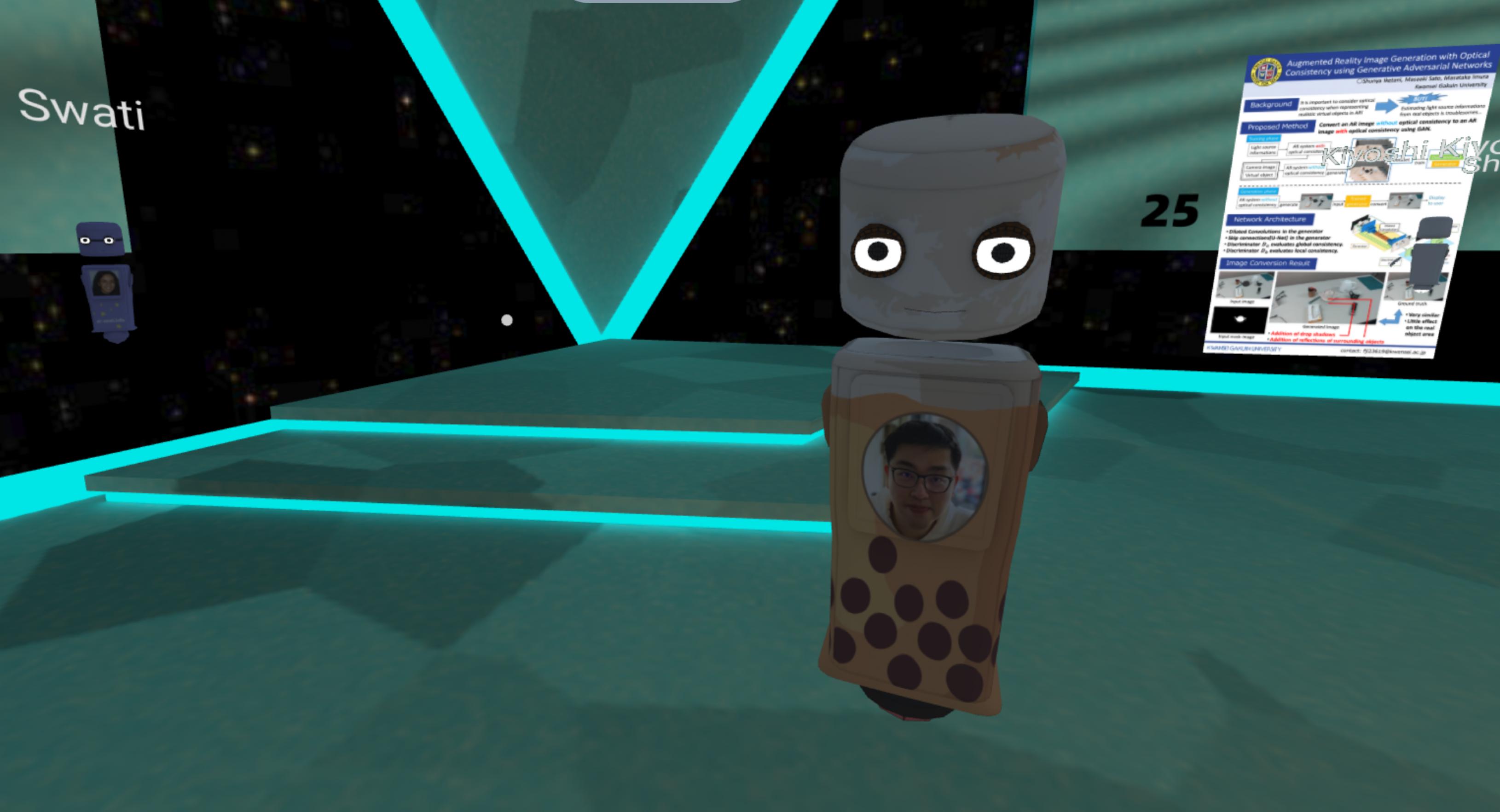 Ein Avatar-Körper steht auf der Konferenz in VR. Auf seiner Brust ist ein Foto seines „Besitzers“ zu sehen.