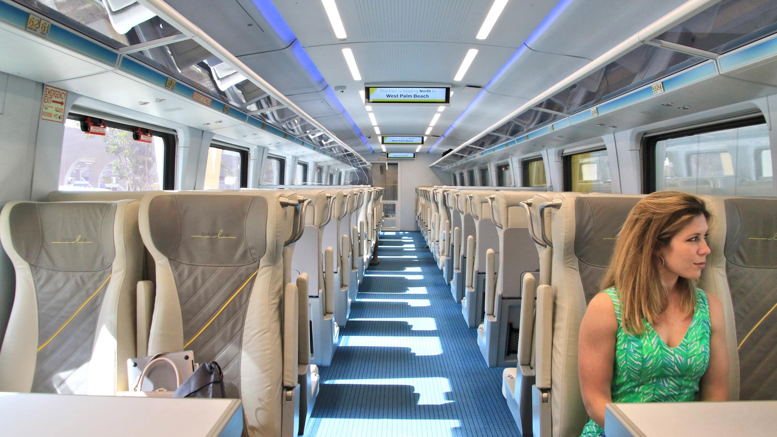 Eine Frau sitzt im Zug. Der Rest des Waggons ist leer.