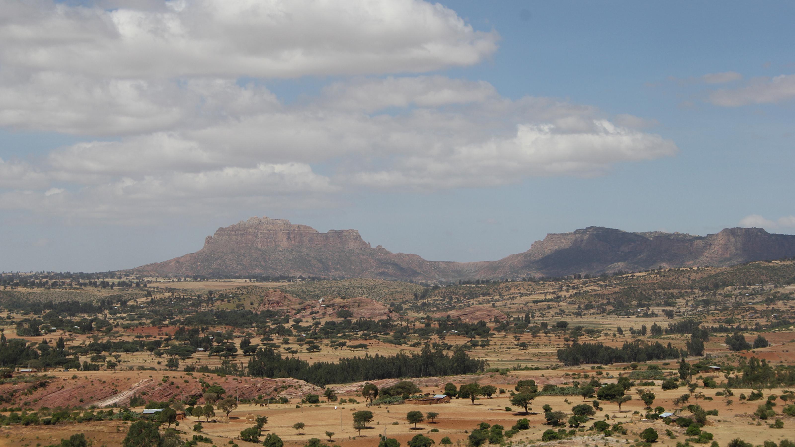 Blick über eine karge, hügelige Landschaft in Äthiopien  mit weiten Feldern und Bäumen. Die Weizenfelder sind abgeerntet, dazwischen sieht man rotes Gestein und kleine Baumgruppen. Im Hintergrund erstrecken sich hohe Bergketten.