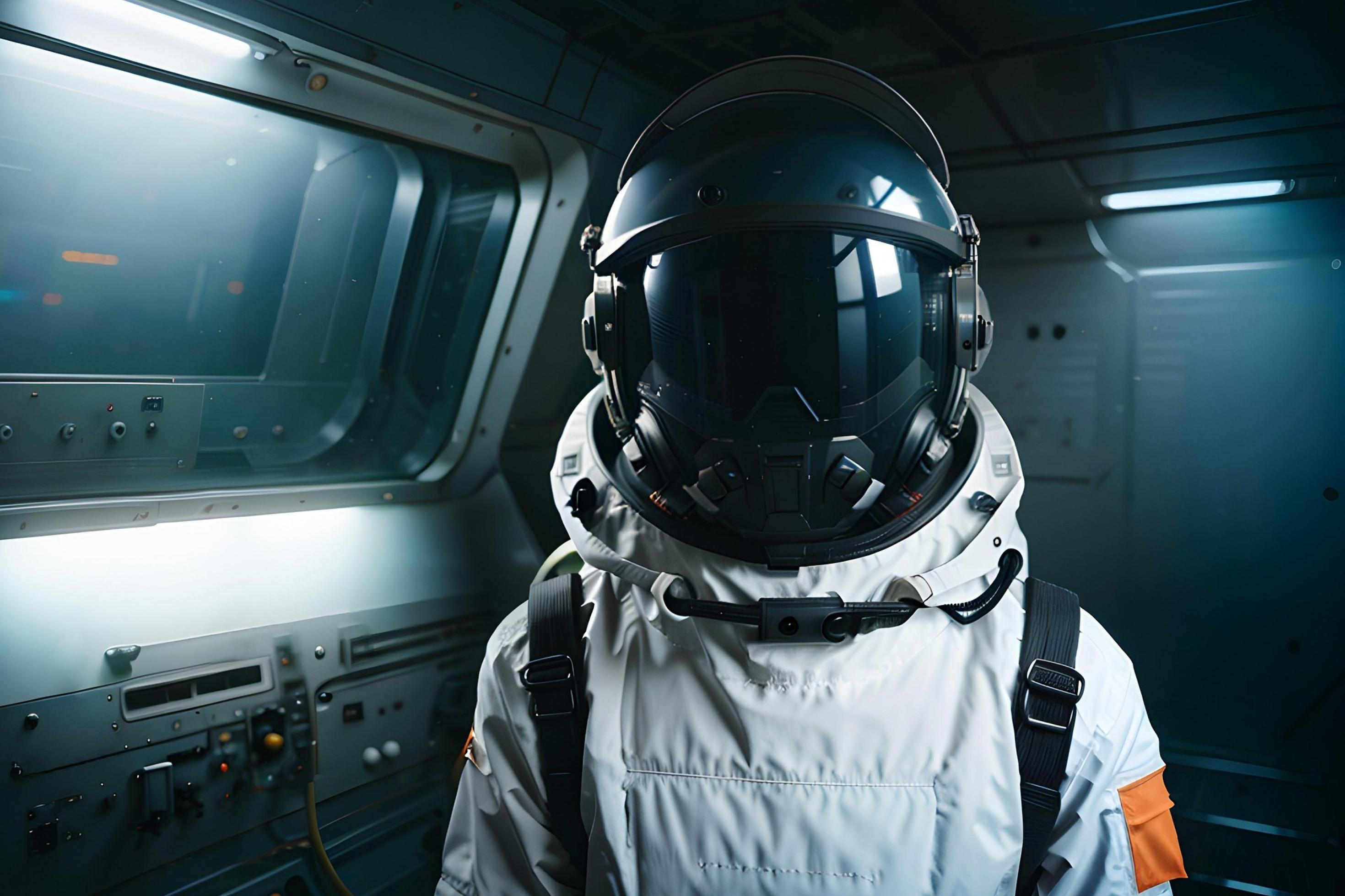 Ein KI-generiertes Bild, dass einen Astronauten in seinem Raumanzug in einer Raumstation oder Raumkapsel zeigt.