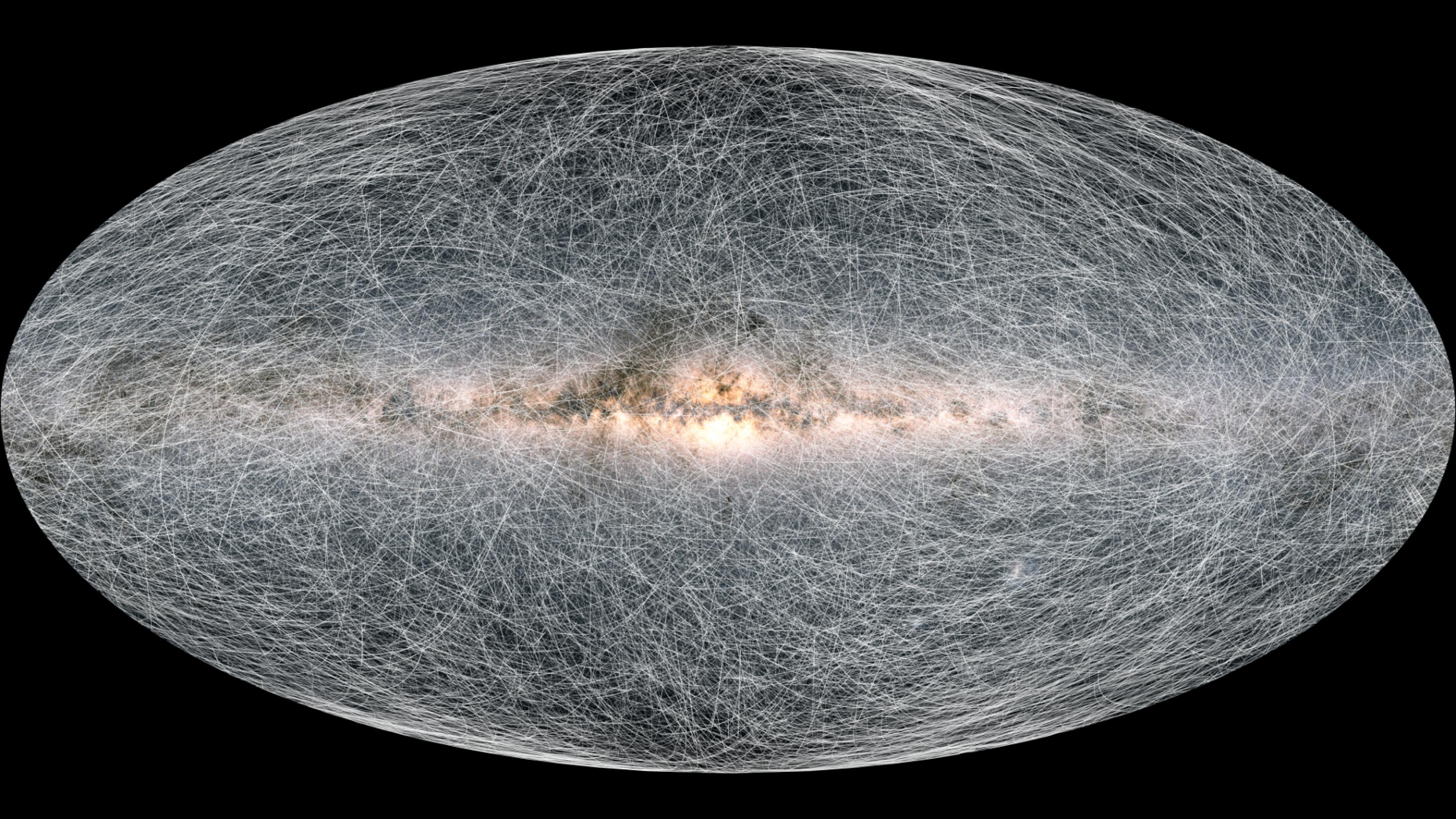 Die Milchstraße und darüber ein Muster wie eine zerkratzte Scheibe, die Bewegung der Sterne über die nächsten 400.000 Jahre