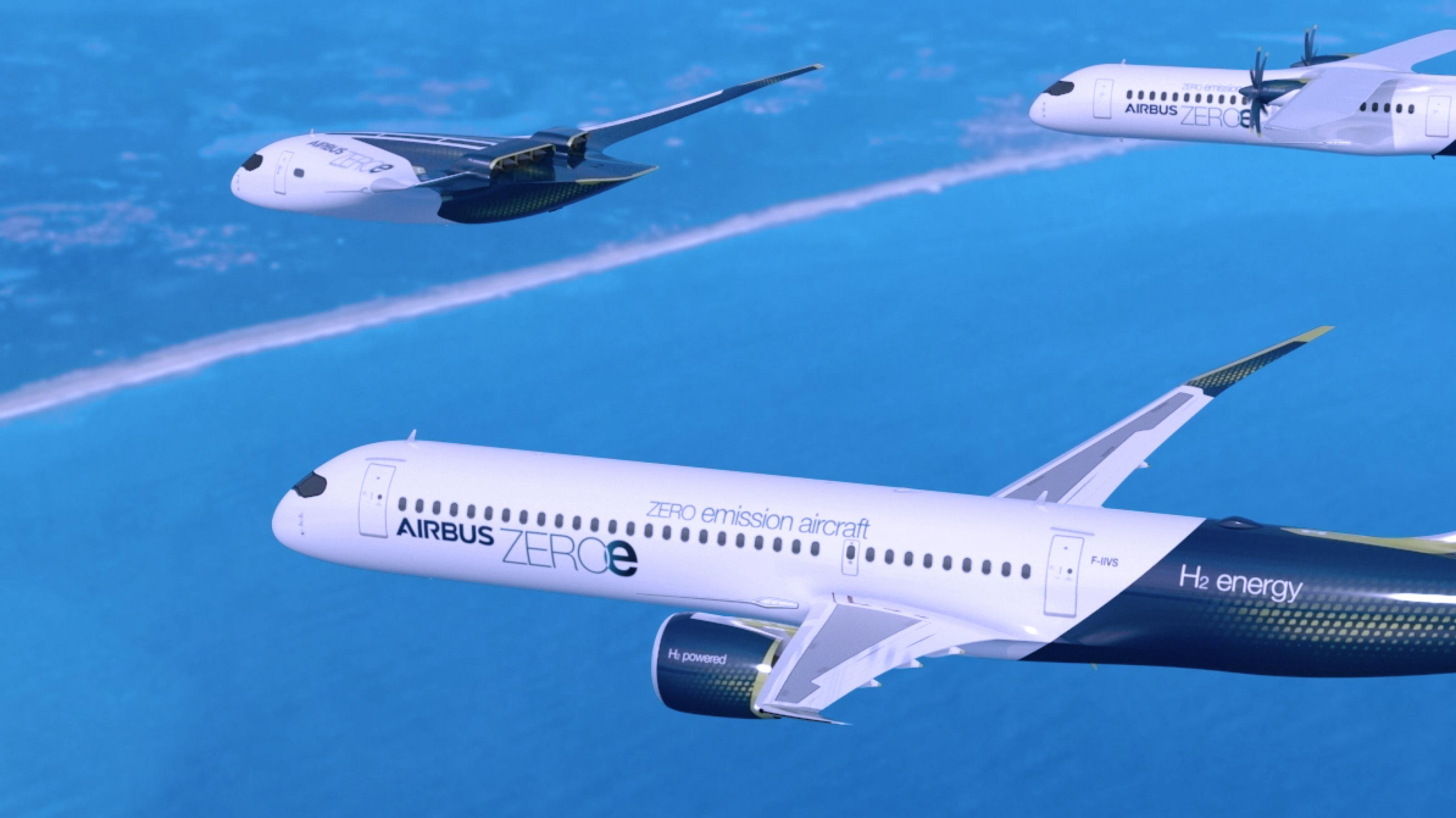 Künstlerische Darstellung einer Airbus ZEROe Flotte. Es sind die ersten emissionsfreien Passagierflugzeuge von Airbus, die das Fliegen ab 2035 klimaneutral machen sollen.