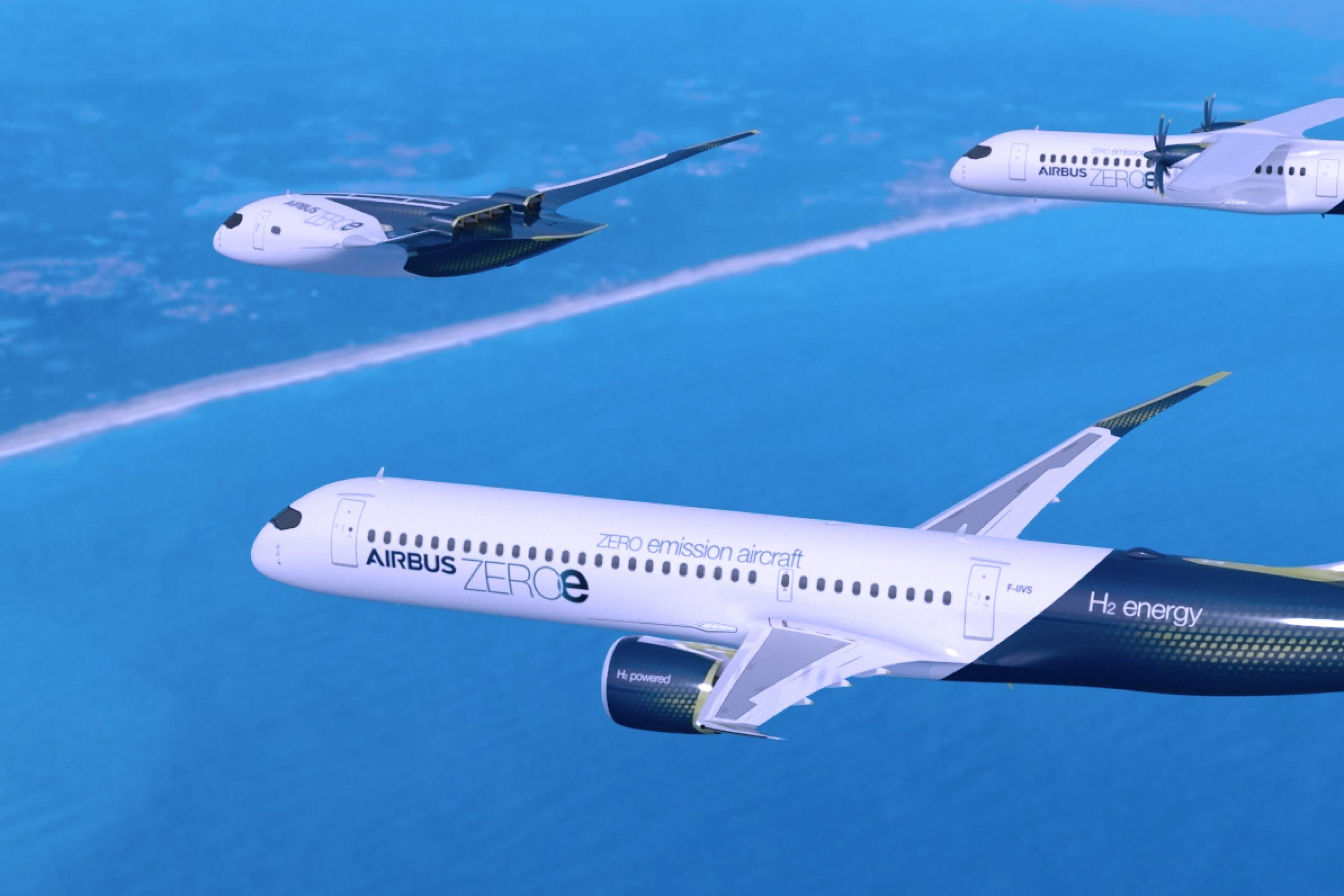 Künstlerische Darstellung einer Airbus ZEROe Flotte. Es sind die ersten emissionsfreien Passagierflugzeuge von Airbus, die das Fliegen ab 2035 klimaneutral machen sollen.