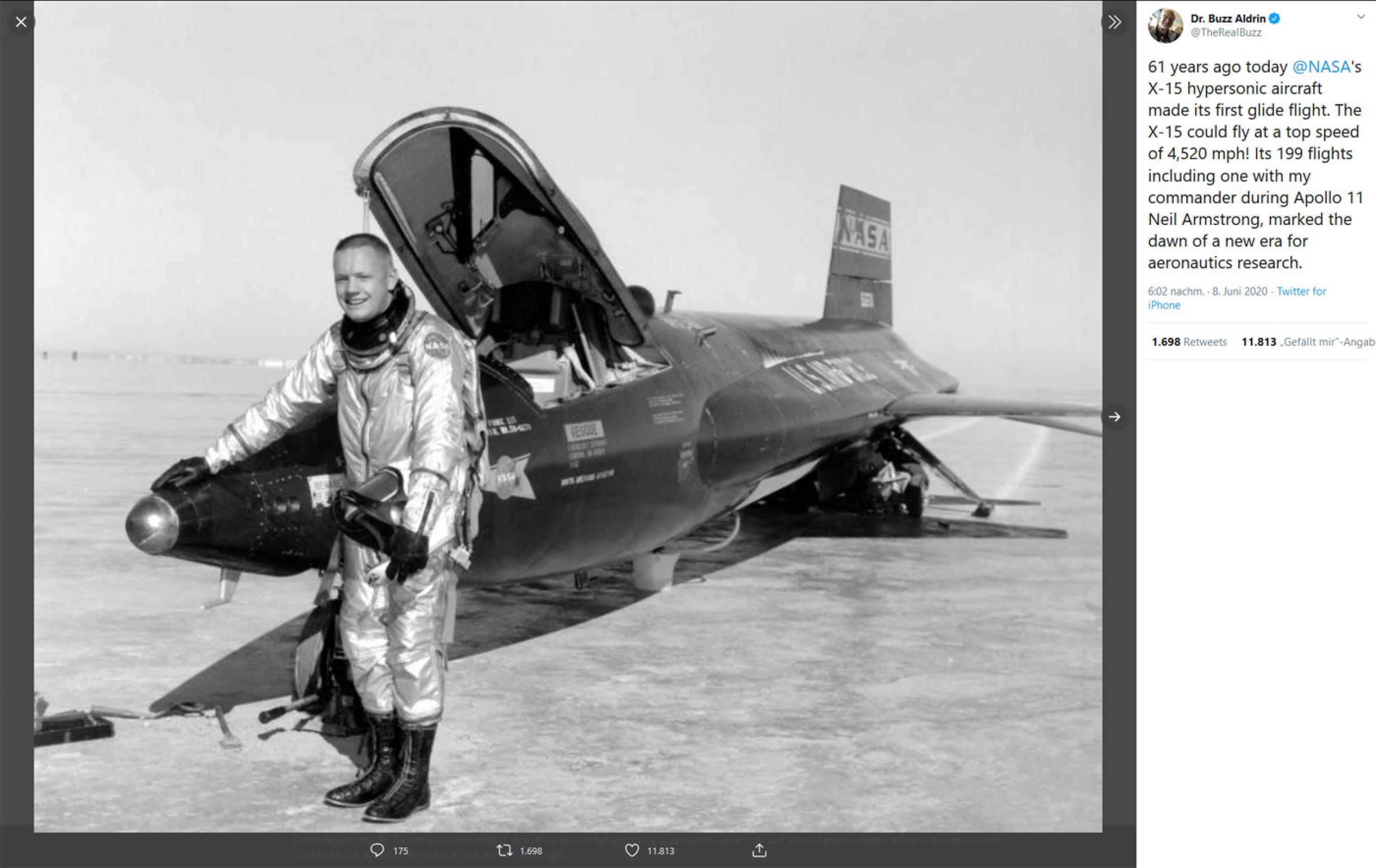Neil Armstrong mit einer X-15, einem Raketenflugzeug, das viele Rekorde einflog.