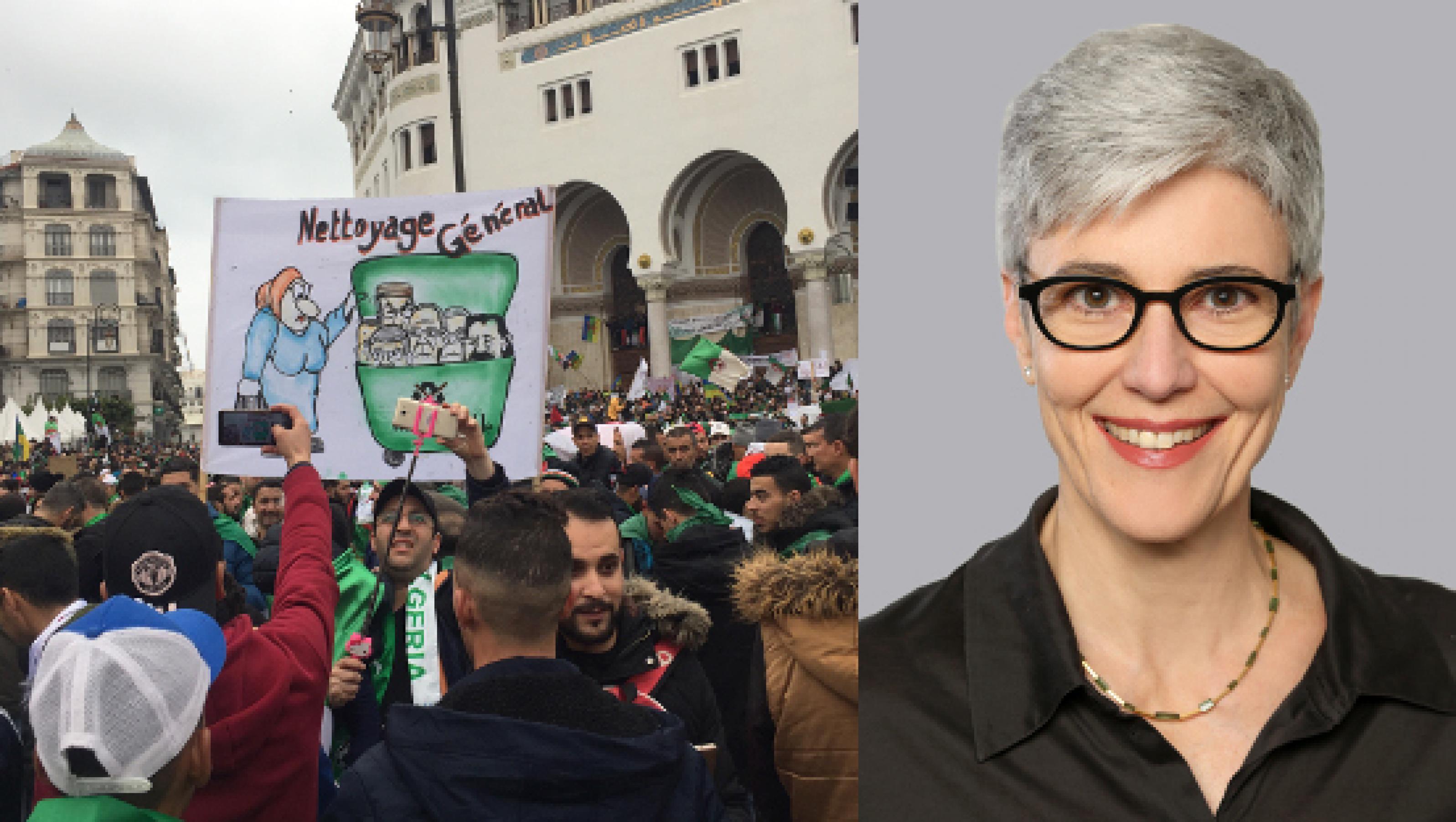 Demonstrant in Alger mit einem Schild, auf dem eine Frau mehrere Köpfe der Regierung in eine Mülltonne steckt // Isabelle Werenfels