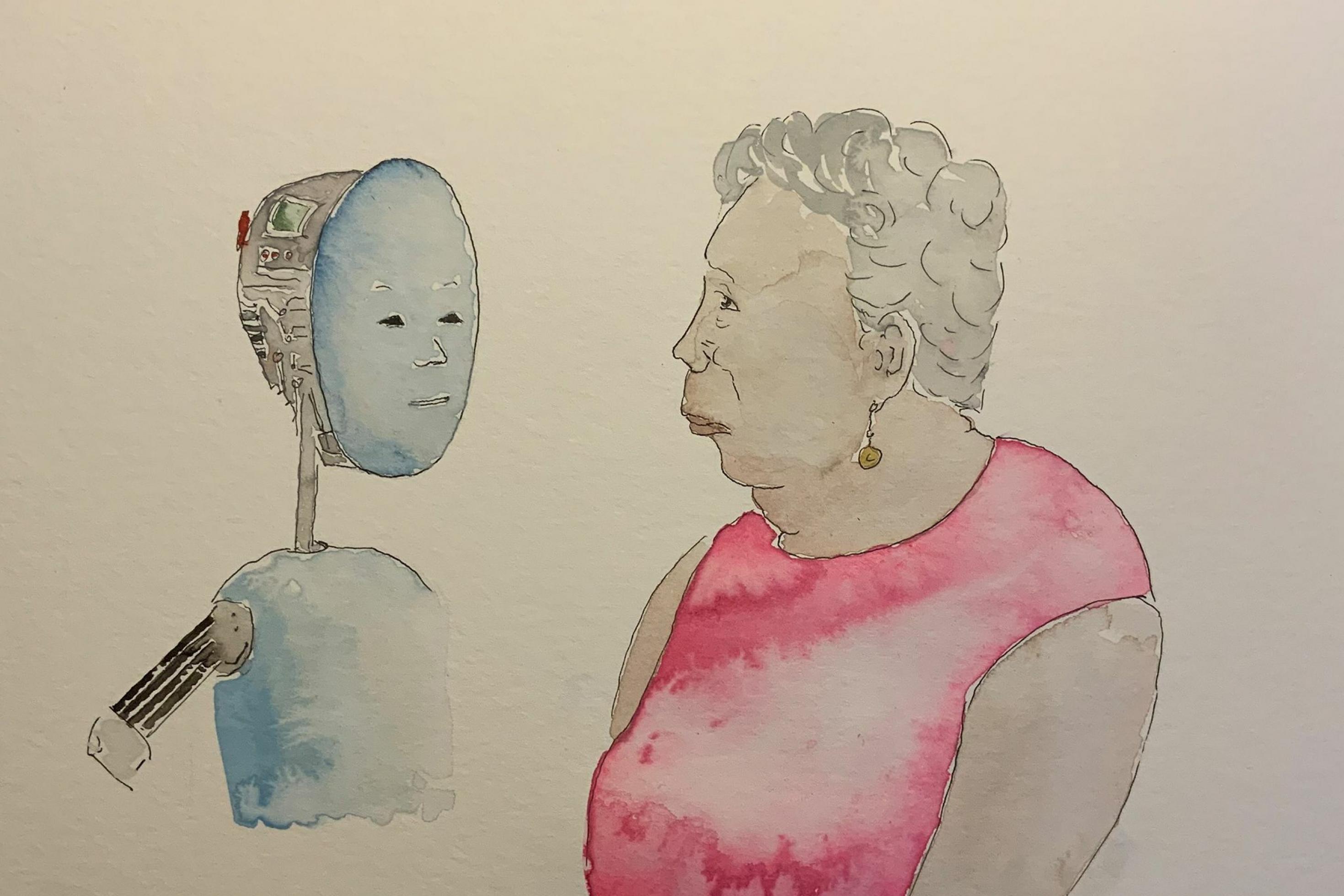 Die Zeichnung zeigt eine alte Dame, die einen Roboter mit einem menschlichen Gesicht anschaut.