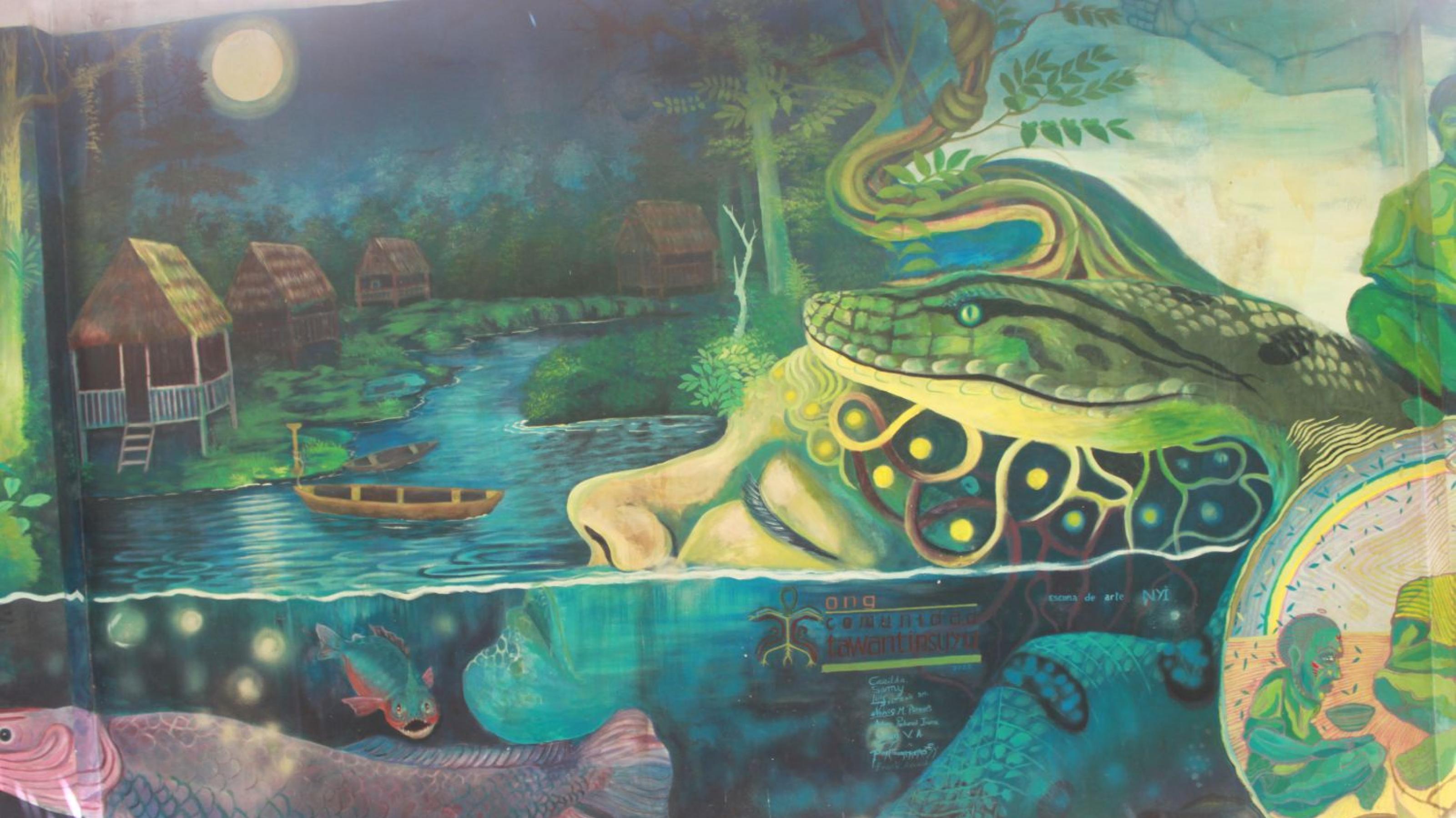 Wandgemälde, in grünen Tönen. Zeigt den Kopf einer liegnden, schlafenden Frau im Wasser. Um ihren Kopf herum windet sich eine grosse Schlange. Weitere Fische schwimmen im Wasser.