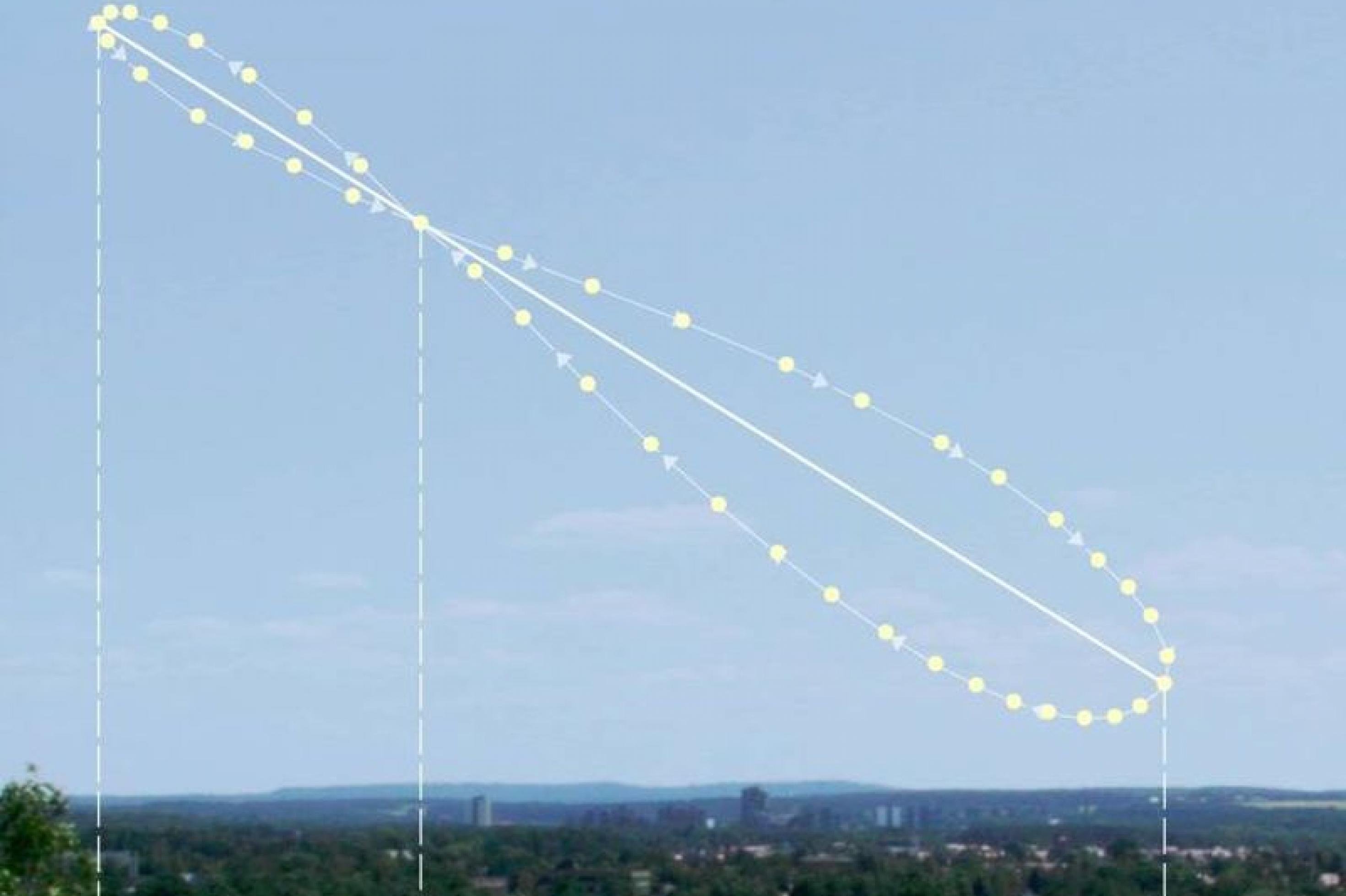 Aus mehreren Aufnahmen, die über das Jahr verteilt zur selben Tageszeit von der Sonne gemacht wurden, ergibt sich das Muster einer quer liegenden Acht.