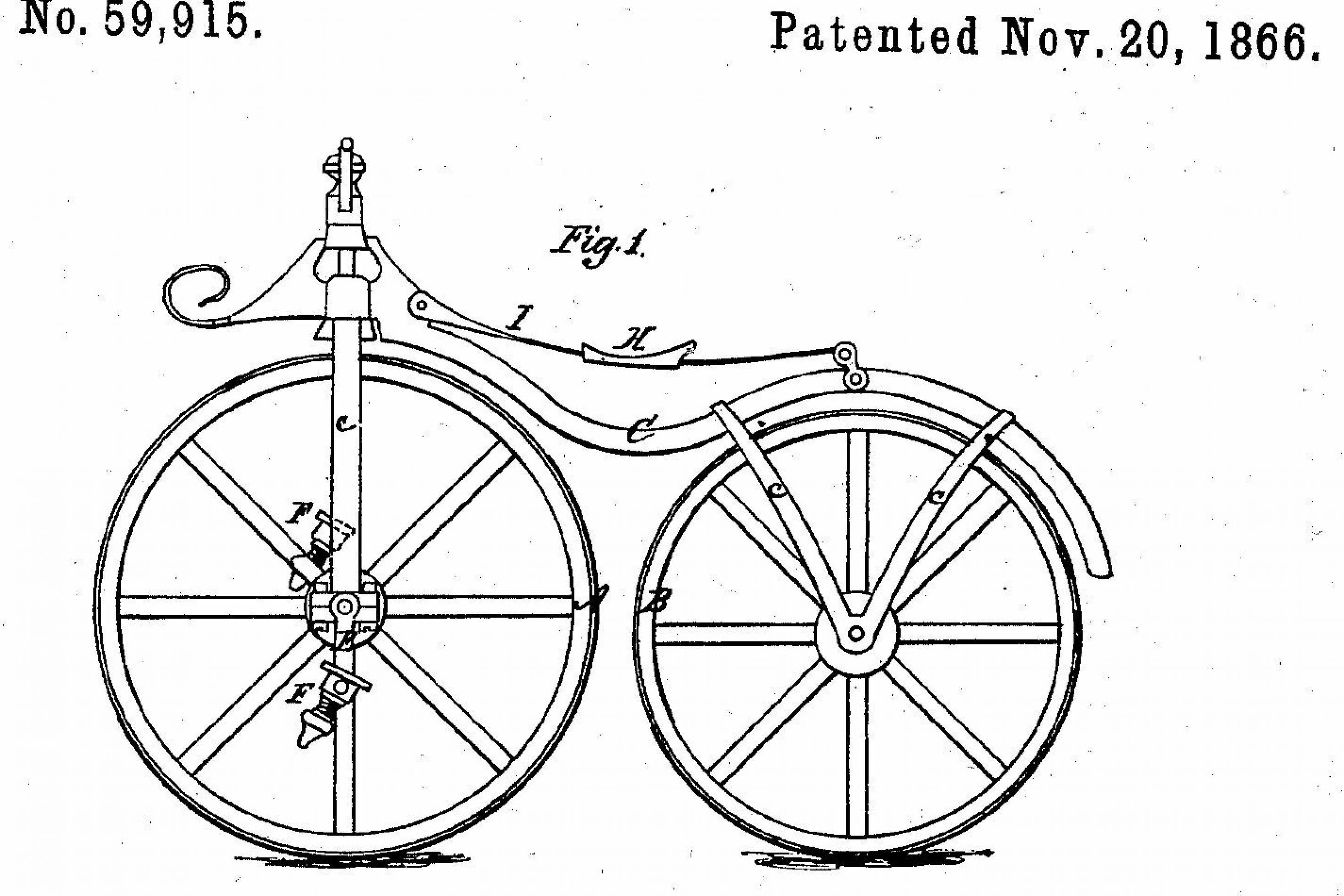 Zeichnung eines mit Tretkurbeln versehenen sogenannten Knochenschüttler-Fahrrads, dessen Räder eisenbeschlagen waren, im Rahmen des US-Patents Nummer 59.915, datiert den 20.11.1866.