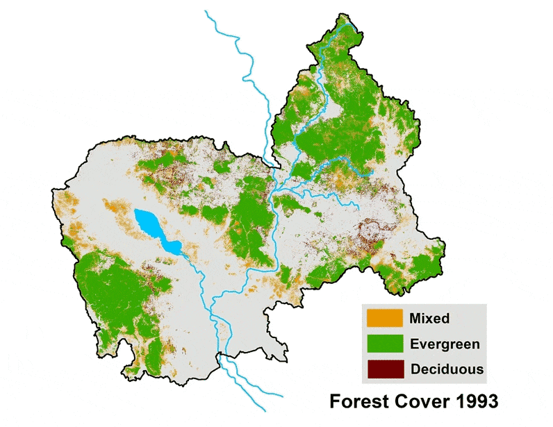 Animierte Karte der Waldbedeckung in Kambodscha im Jahre 1993 und 2017.