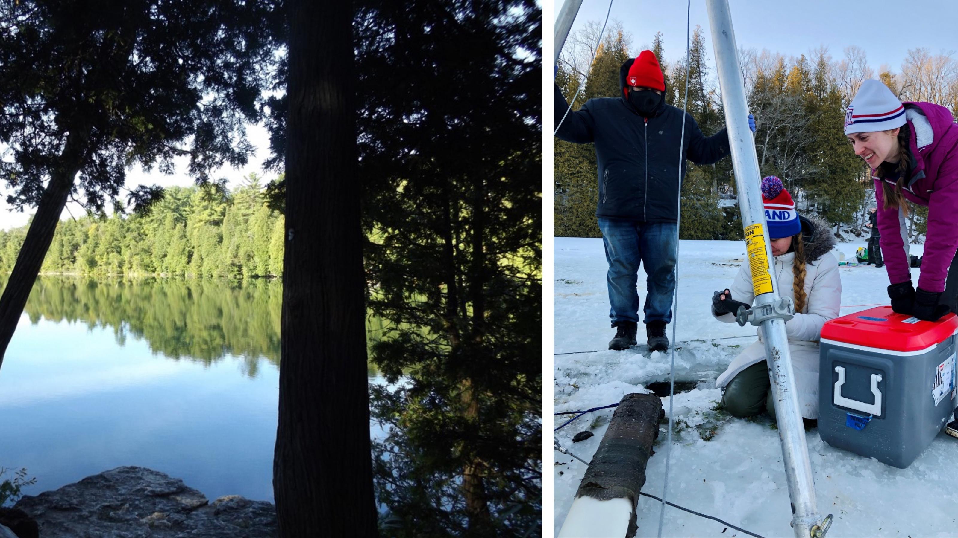 Links ein ruhiger Waldsee, rechts drei junge Wissenschaftlerinnen mit Bohrgerät im Winter.