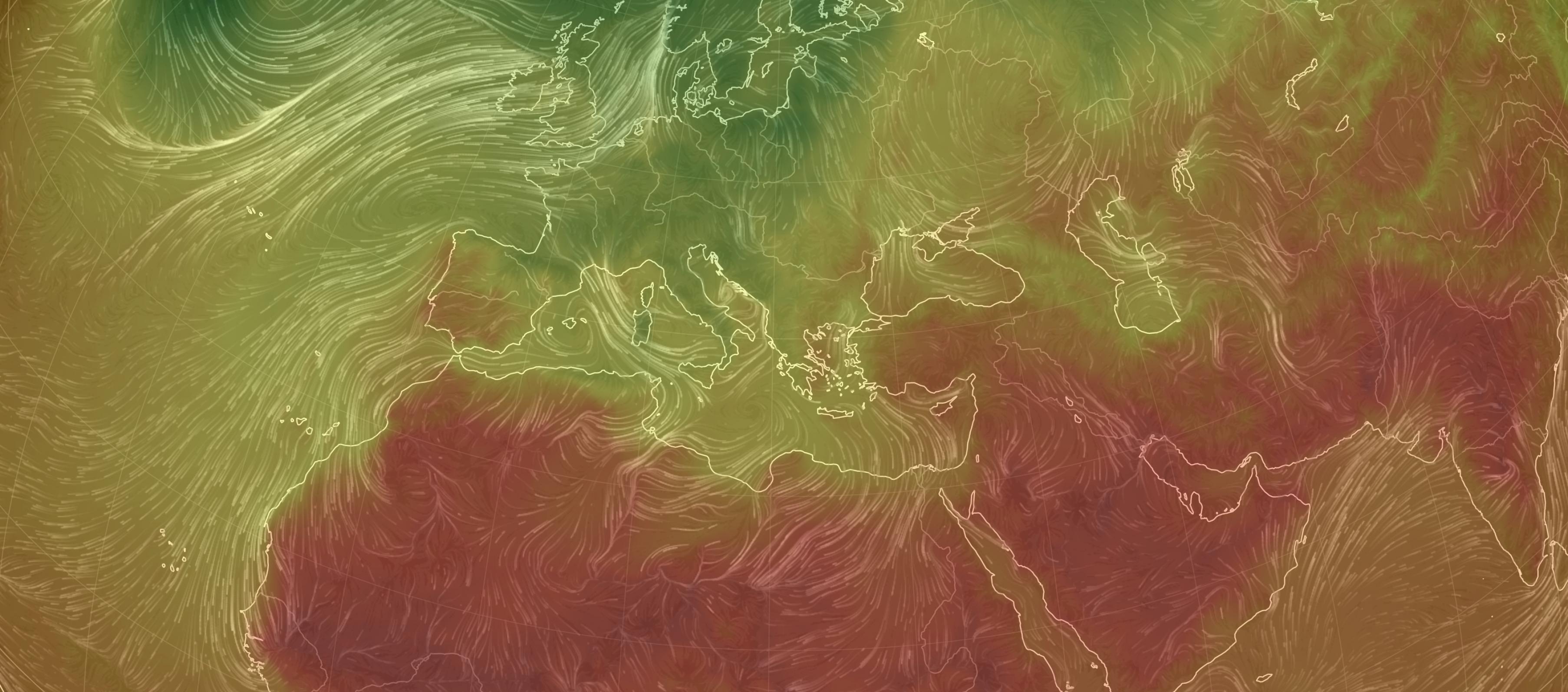 Ausschnitt einer Klimakarte, zu sehen sind Luftbewegungen und Temperaturen der Nordhalbkugel der Erde