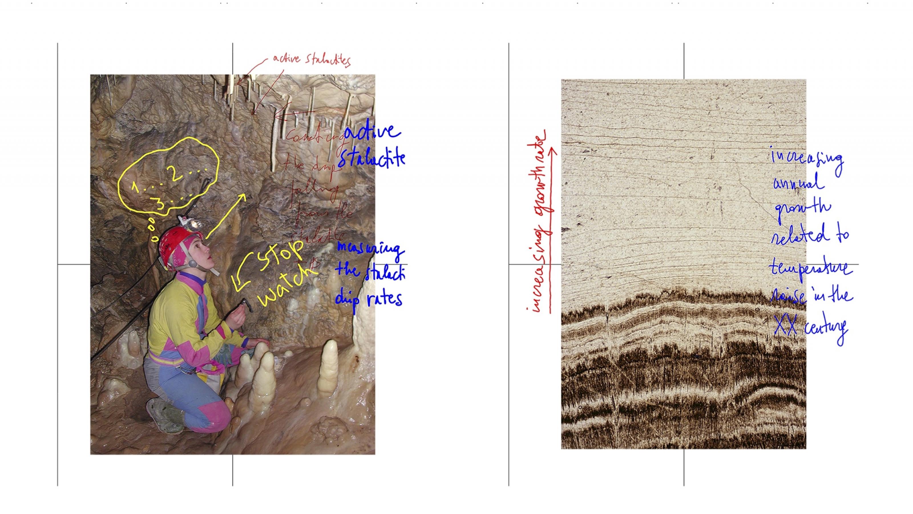 Zwei Hochkantbilder, links Wissenschaftlerin mit Helm in Höhle, rechts Schnitt durch Gesteinsschicht