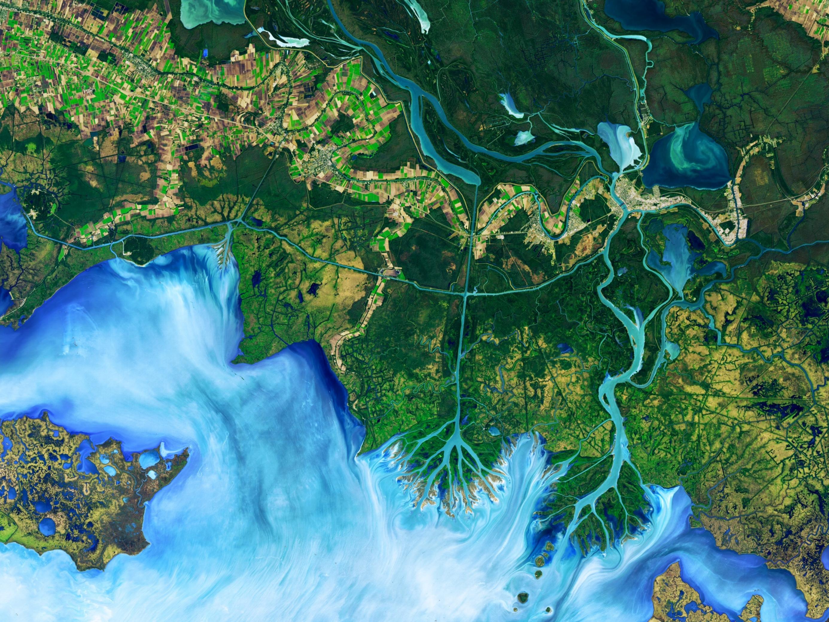 Luftaufnahme des Mississippi mit seinen zahlreichen Verzweigungen und sichtbaren menschlichen Eingriffen, wie Kanälen.